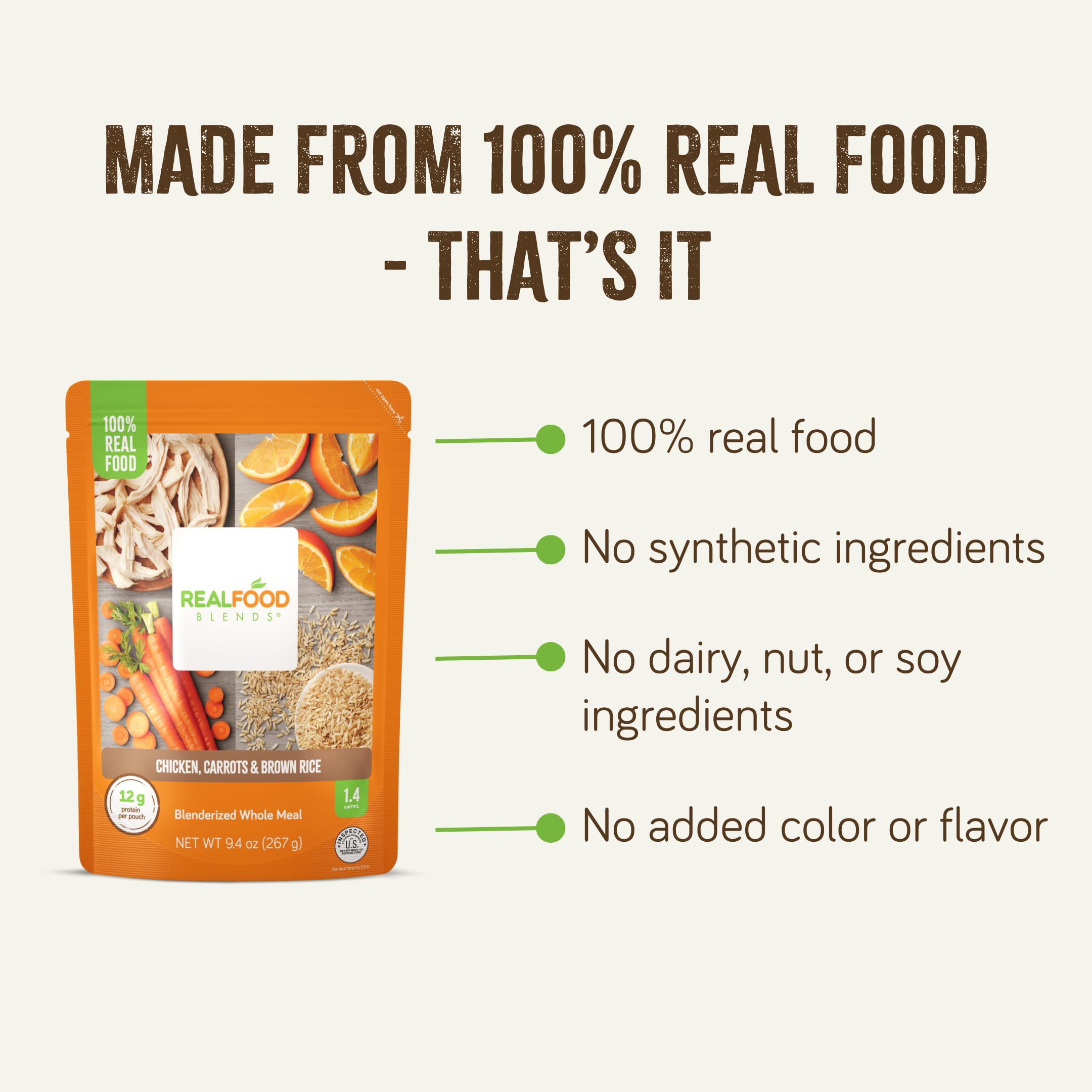 Real Food Blends Chicken, Carrots & Brown Rice Puree - High Protein Tube Feeding Meals with Vegetables & Fruits - 340 Calorie Nutrient-Rich Pureed Food for Adults & Seniors - Easy Lunch & Dinner Solution - 9.4 oz (Pack of 12) - Ideal for Home Care, Hospitals & Recovery Meals