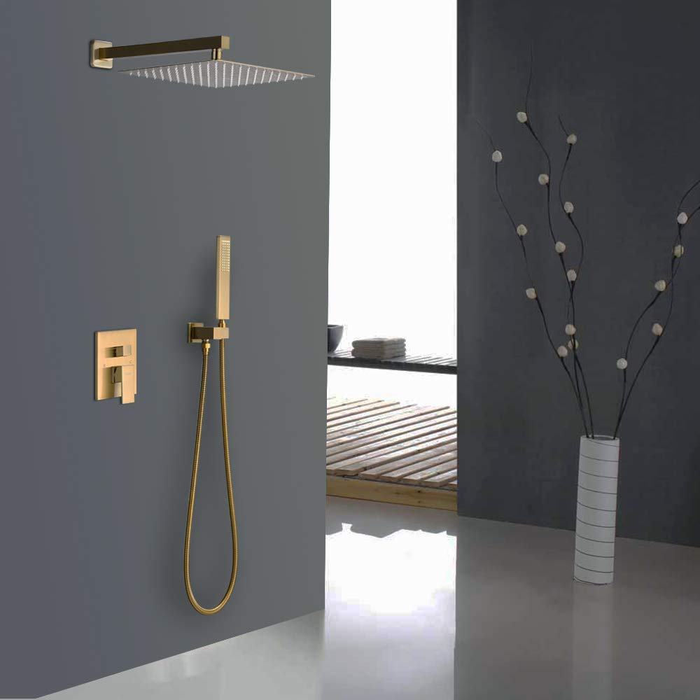 Brushed Gold Rain Shower System - 10 Inch Rainfall Shower Head with Handheld Sprayer, Wall Mounted Bathroom Shower Set Including Faucet Mixer and Trim Kit (Valve Included) - Perfect for Luxury Spa-Like Bathroom Experience