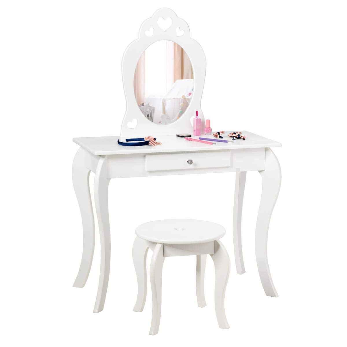 KOTEK 2-in-1 Wooden Kids Vanity Set with Mirror, Stool & Storage Drawer - Princess Makeup Dressing Table for Girls, Detachable Top & Chair - Perfect for Pretend Play, Birthday Gifts & Bedroom Decor (White)