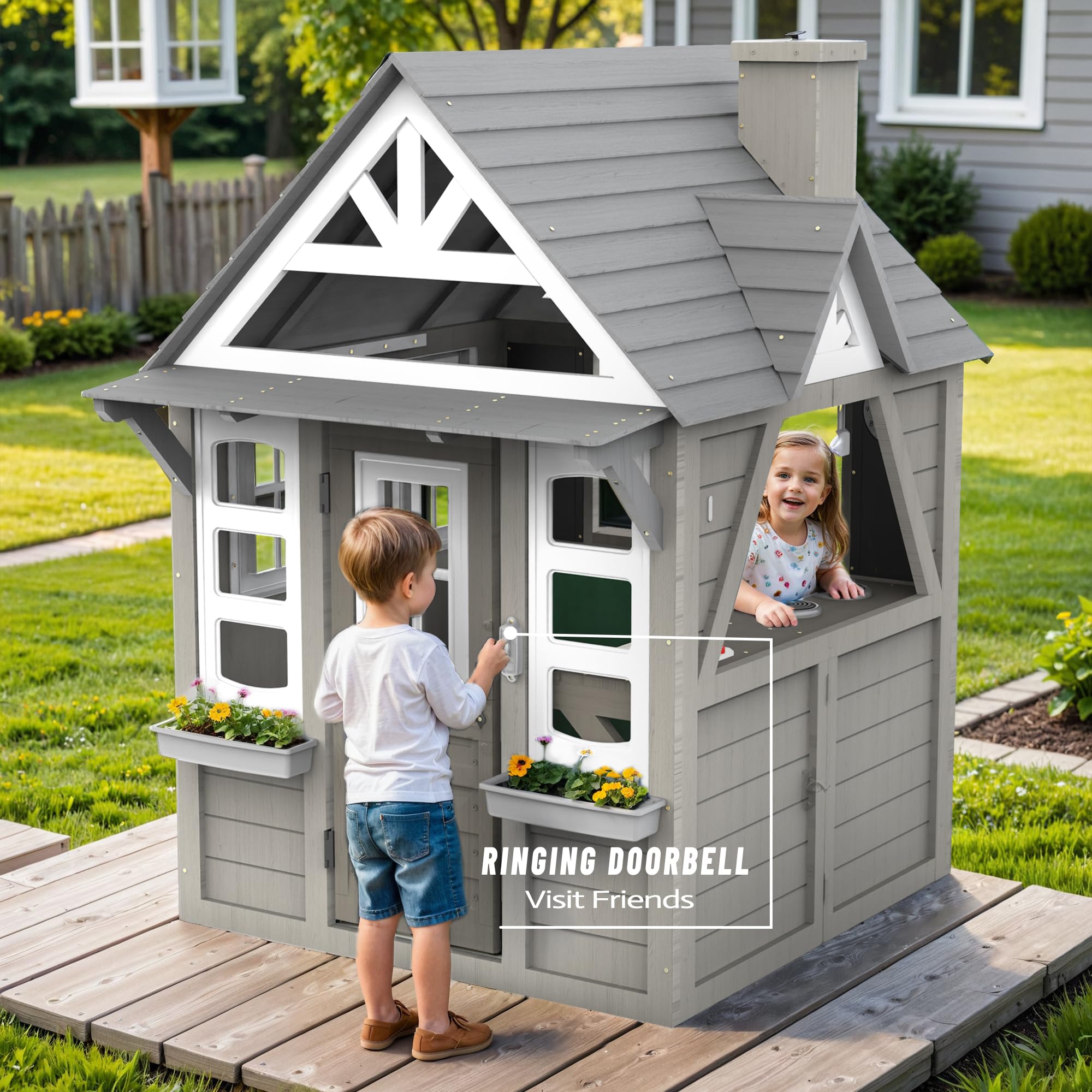 Cedar Gray Wooden Playhouse for Kids Ages 3-8 - Outdoor Play House with Interactive Doorbell, Kitchen Counter, Sink & Window Boxes | Perfect Backyard Toy for Pretend Play & Outdoor Fun