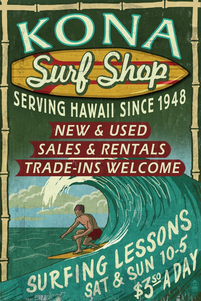 Vintage Kona Hawaii Surf Shop Wall Art - 24x36 Signed Print Master Poster, Retro Beach Decor for Home, Office & Surf Lover's Room