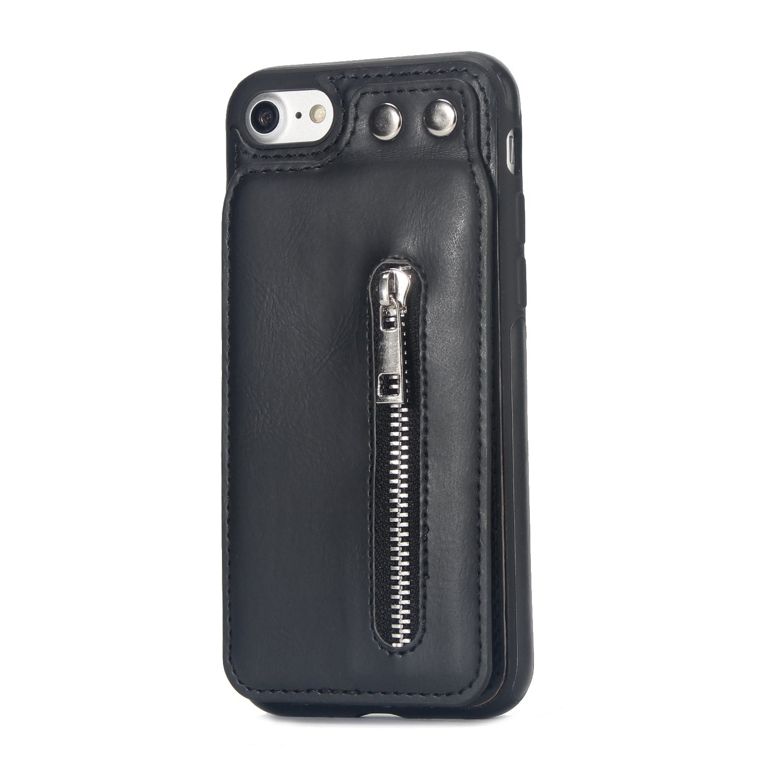 Premium Leather iPhone 7 Wallet Case with Card Holder & Zipper Pocket - Shockproof Protective Cover for Apple iPhone 7 (Black) - Perfect for Travel, Business & Everyday Use