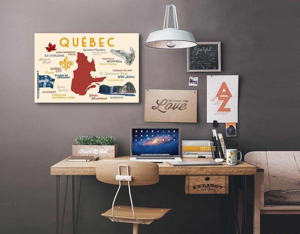 Lantern Press Quebec Canada Typography & Icons Wall Art - 16x24 Wrapped Canvas Print - Modern Home Decor for Living Room, Bedroom & Office
