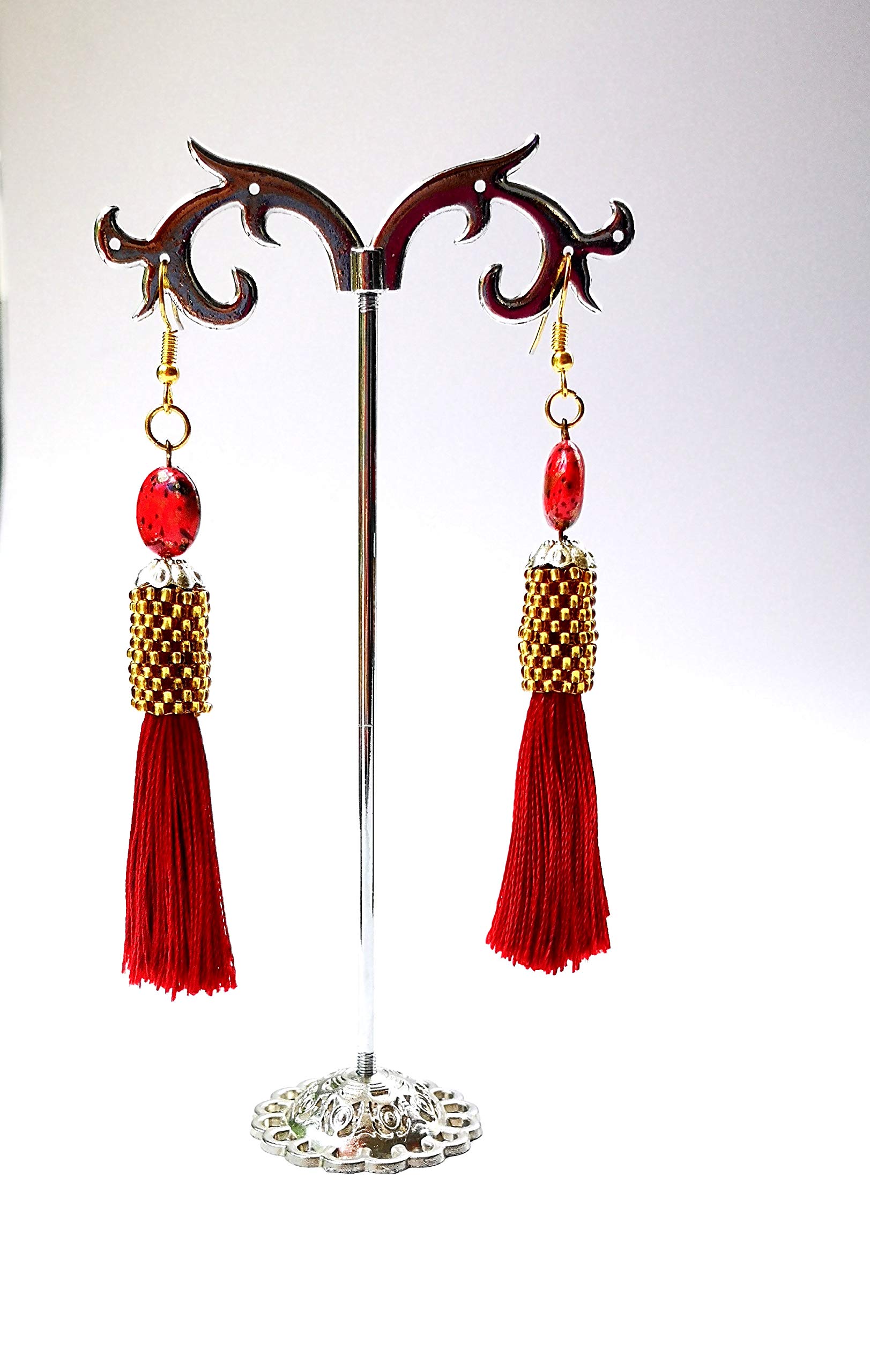 Handmade Red Gold Silk Tassel Earrings for Women - Elegant Boho Dangle Drop Earrings for Party, Wedding & Special Occasions