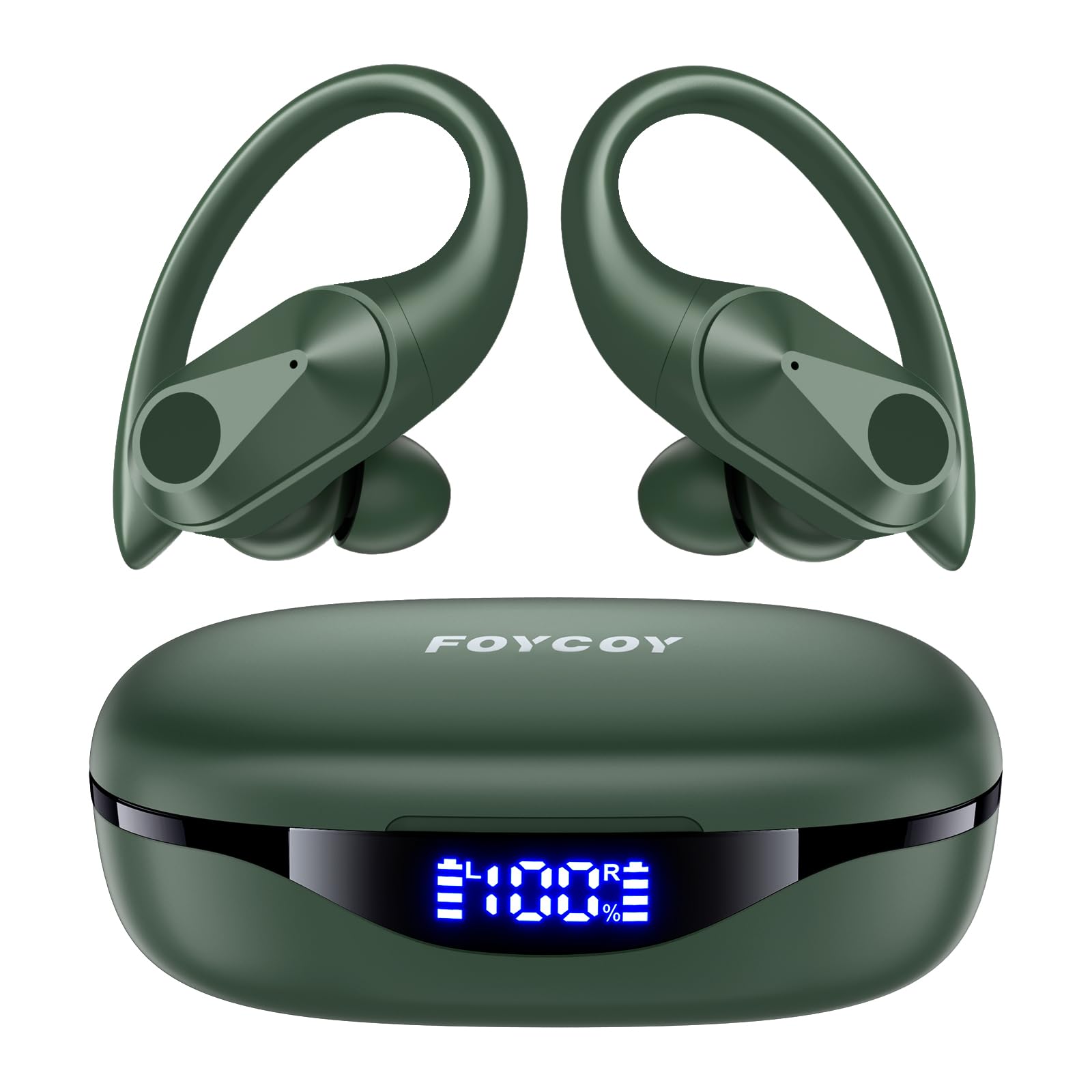 Wireless Bluetooth Earbuds with 90Hrs Playtime, IPX7 Waterproof, Wireless Charging Case & Over-Ear Earhooks - LED Power Display Stereo Headset with Deep Bass in Olive Green | Perfect for Running, Gym Workouts & Outdoor Sports