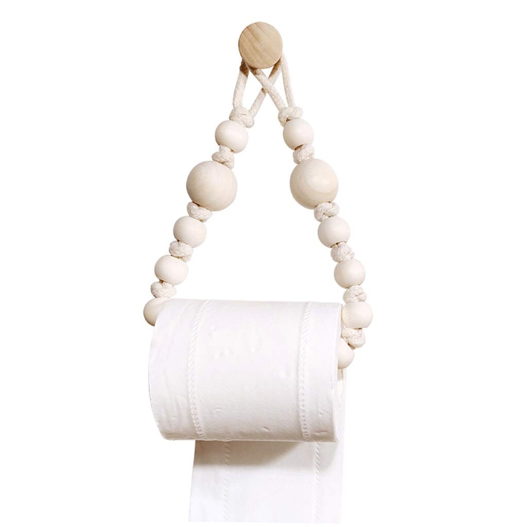 Wooden Bead Wall Mount Toilet Paper Holder - 19.6 Inch Rustic Bathroom Tissue Roll Dispenser with No Drilling Required - Perfect for Kitchen, Bathroom, and RV Decor (Natural Wood Color)