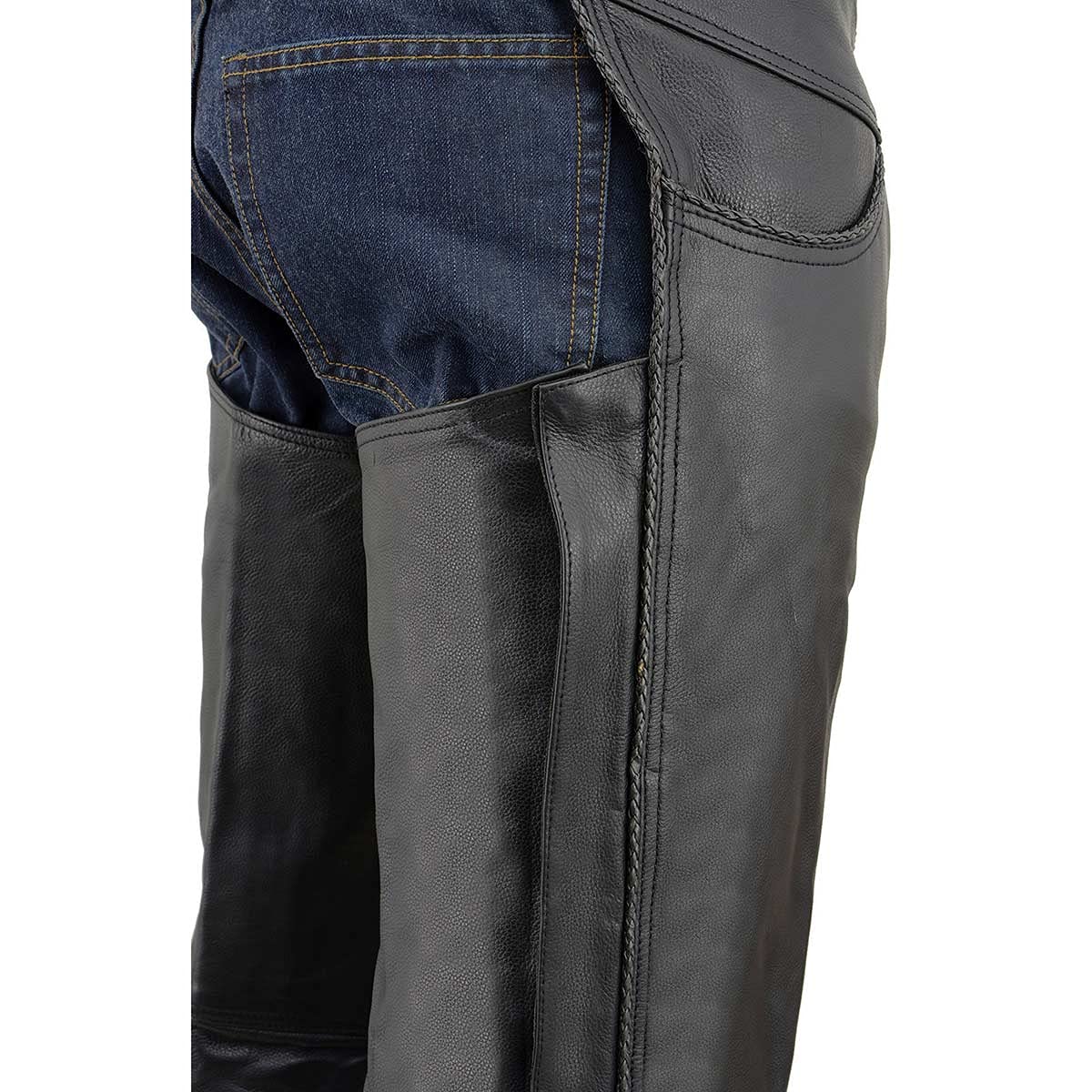 Milwaukee ML1125 Men's Black Premium Braided Leather Motorcycle Chaps - Thin Jean Style with Pockets - XL Size | Perfect for Riding, Biker Events & Outdoor Adventures
