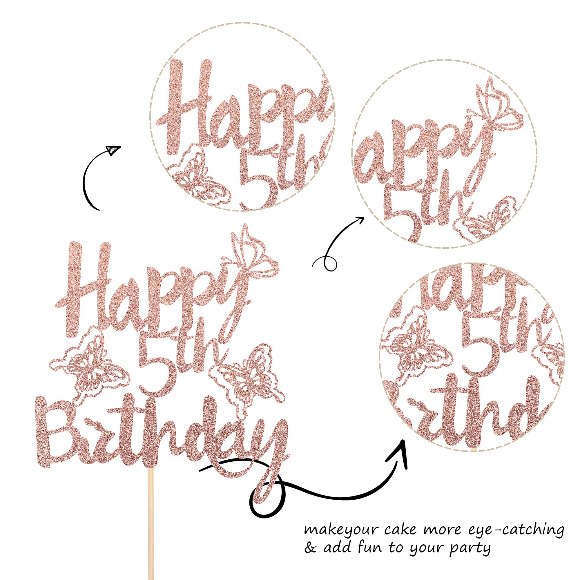 1 PCS Happy 5th Birthday Cake Topper with Glitter Butterfly - Cheers to 5 Years Old Rose Gold Cake Decoration for Anniversary Party Supplies | Perfect for Kids Birthday Cakes, Cupcakes & Celebration Desserts
