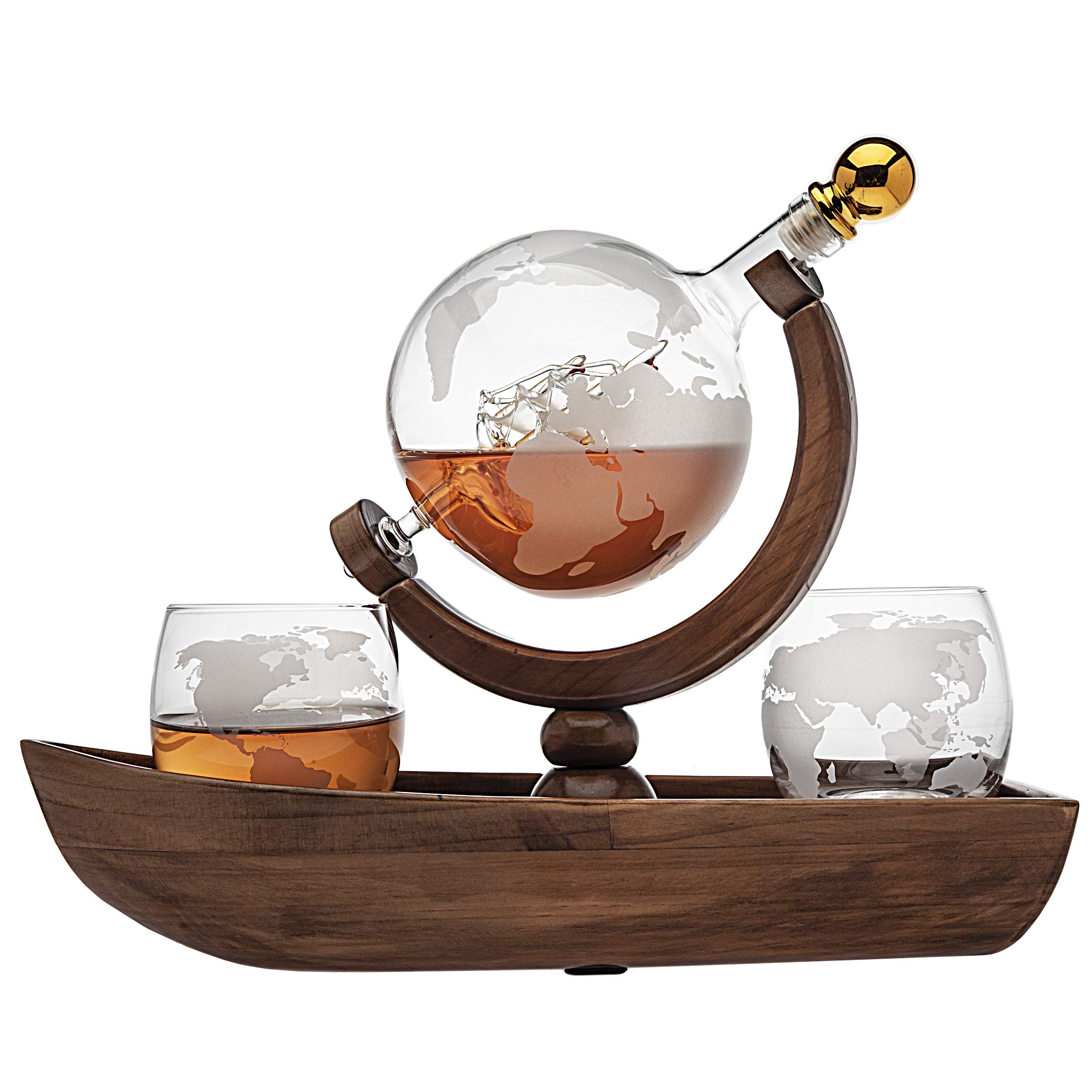 Premium Godinger Whiskey Decanter Set with 2 World Map Whisky Glasses - 850ml Crystal Liquor Decanter for Scotch, Bourbon, Vodka - Perfect for Home Bar, Gifts & Entertaining