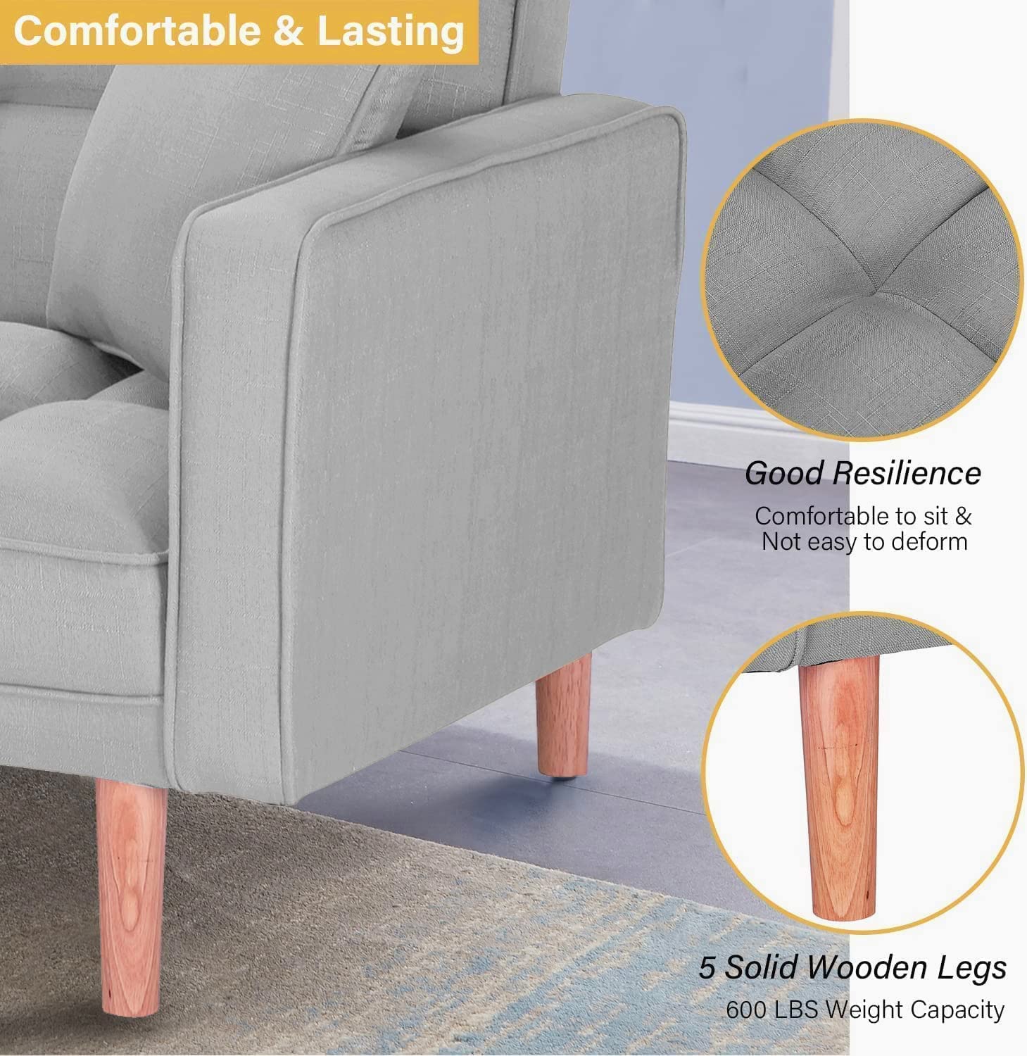 Convertible Futon Sofa Bed with 2 Pillows & Backrest - Foldable Sleeper Couch for Small Spaces - Modern Fabric Futon for Living Room, Bedroom, Guest Room & Studio Apartments - Space Saving Multi-Functional Furniture