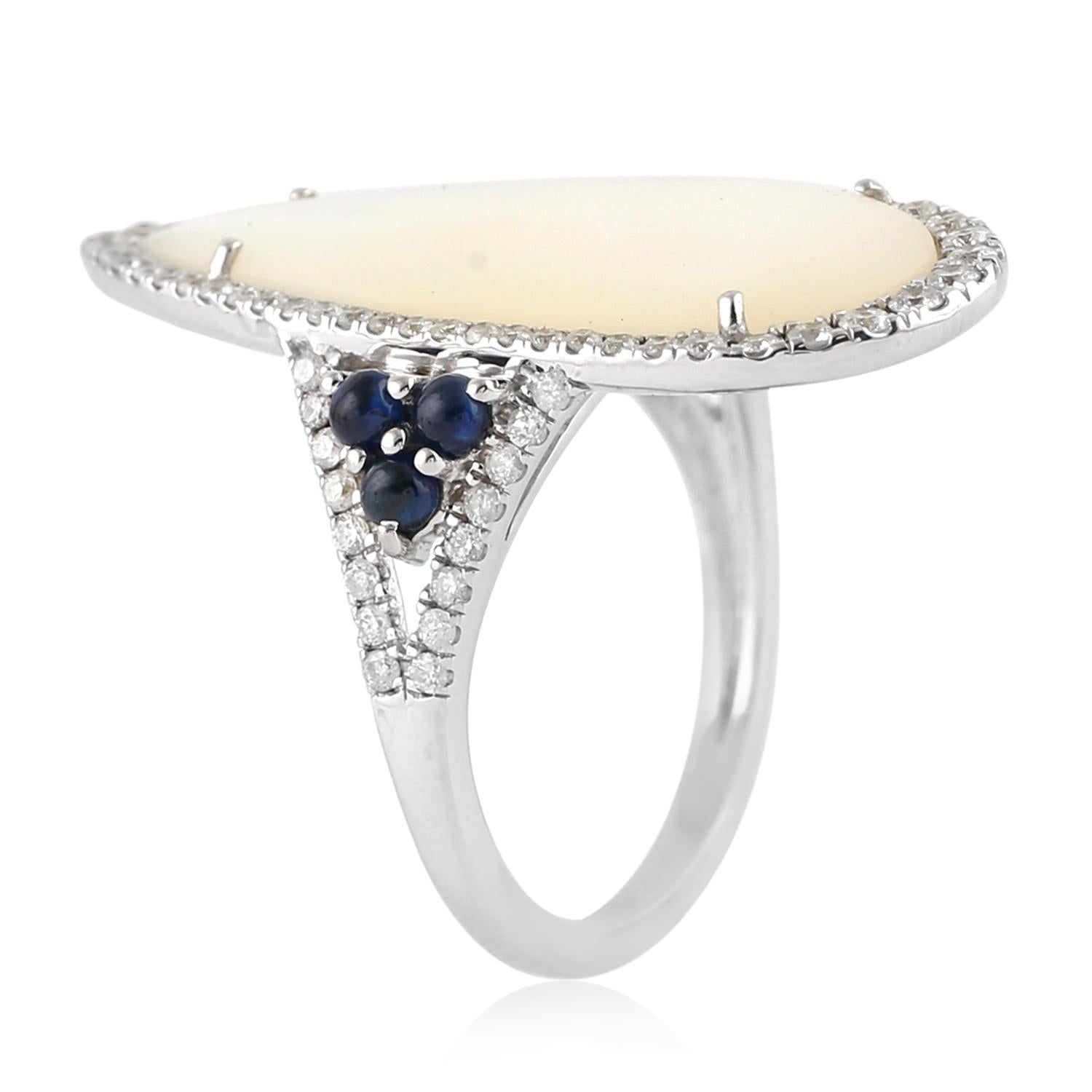 Exquisite Mother of Pearl & Blue Sapphire Diamond Ring in 14K White Gold – Elegant Long Statement Jewelry for Weddings, Anniversaries & Special Occasions