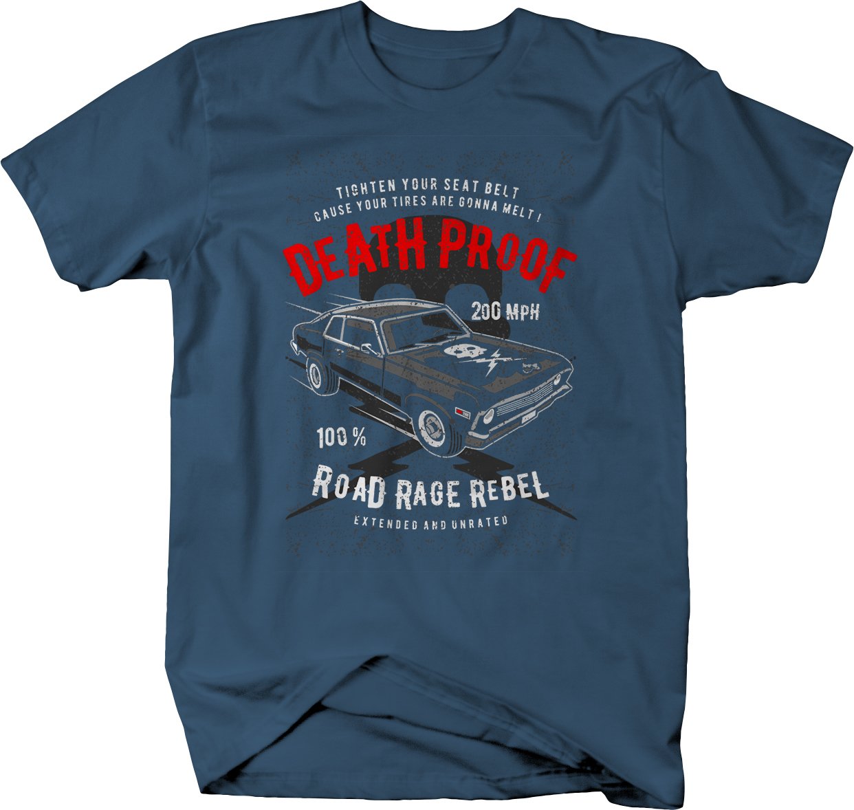 Vintage Skull & Lightning Bolts Muscle Car Racing T-Shirt - Death Proof Distressed Design, X-Large Denim Blue - Perfect for Car Enthusiasts & Retro Fashion Lovers