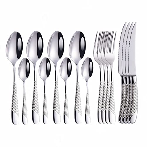 Premium 16-Piece Gold Silverware Set - 18/10 Stainless Steel Flatware Set with Knives, Forks & Spoons - Elegant Dinnerware for Formal Dining, Wedding Gifts & Home Entertaining - Dishwasher Safe Cutlery Set (Silver)