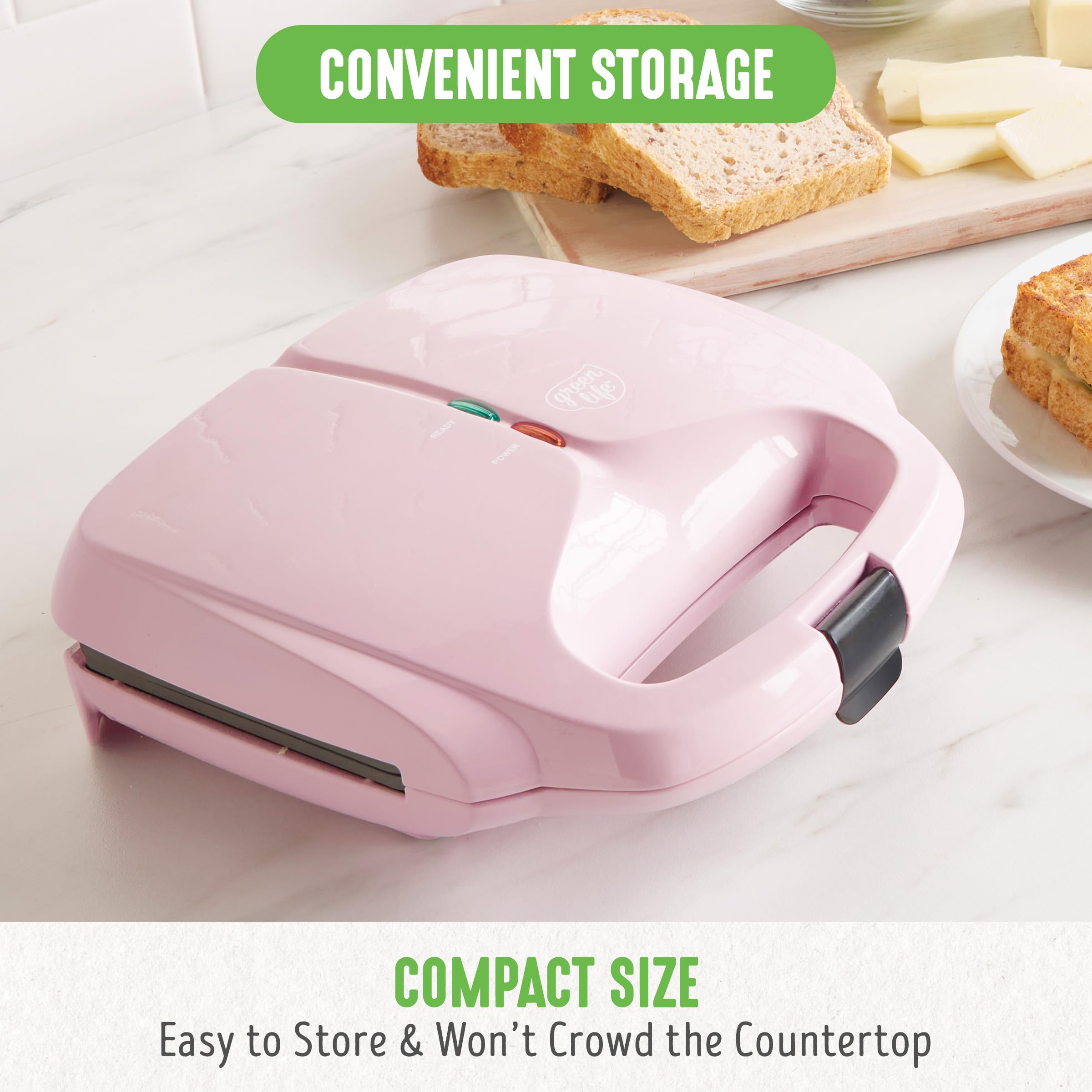 GreenLife Pro Electric Panini Press Grill & Sandwich Maker - Healthy Ceramic Nonstick Plates, PFAS-Free, Easy Indicator Light, Compact Countertop Design - Perfect for Home, Office, Dorm & Camping (Pink)