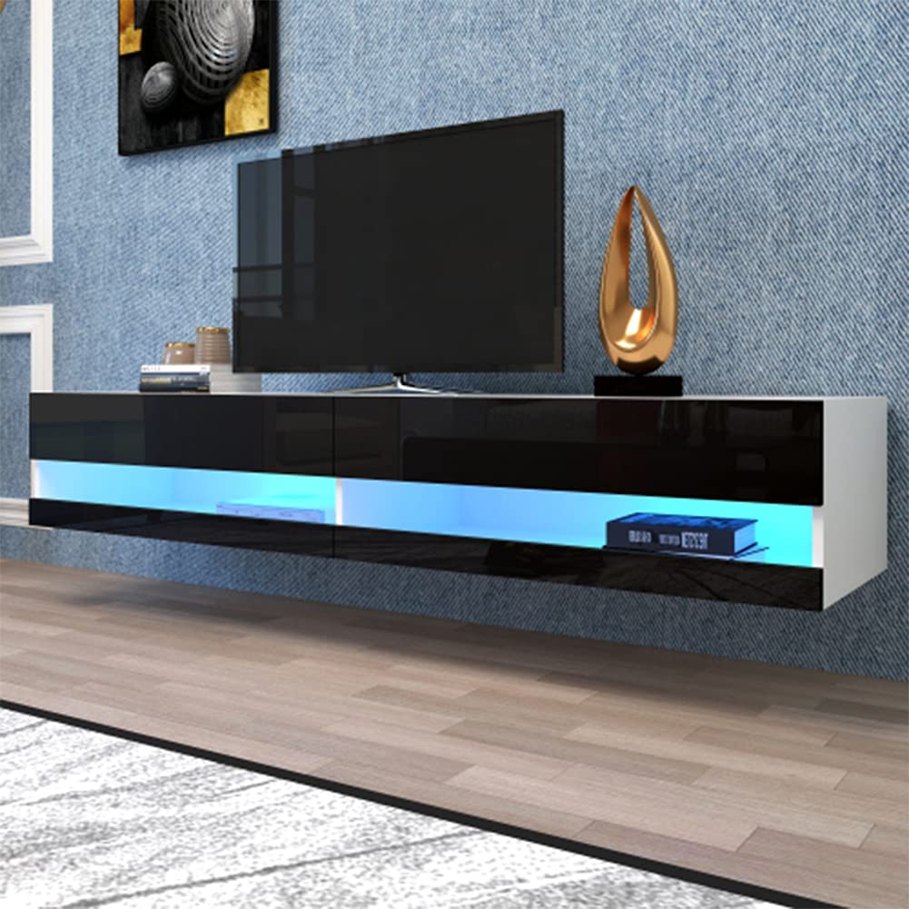 Floating TV Stand with 20 Color LED Lights - Wall Mounted Entertainment Center Media Console for Living Room & Bedroom - Modern White & Black Design - Perfect for Home Theater Setup & Small Spaces