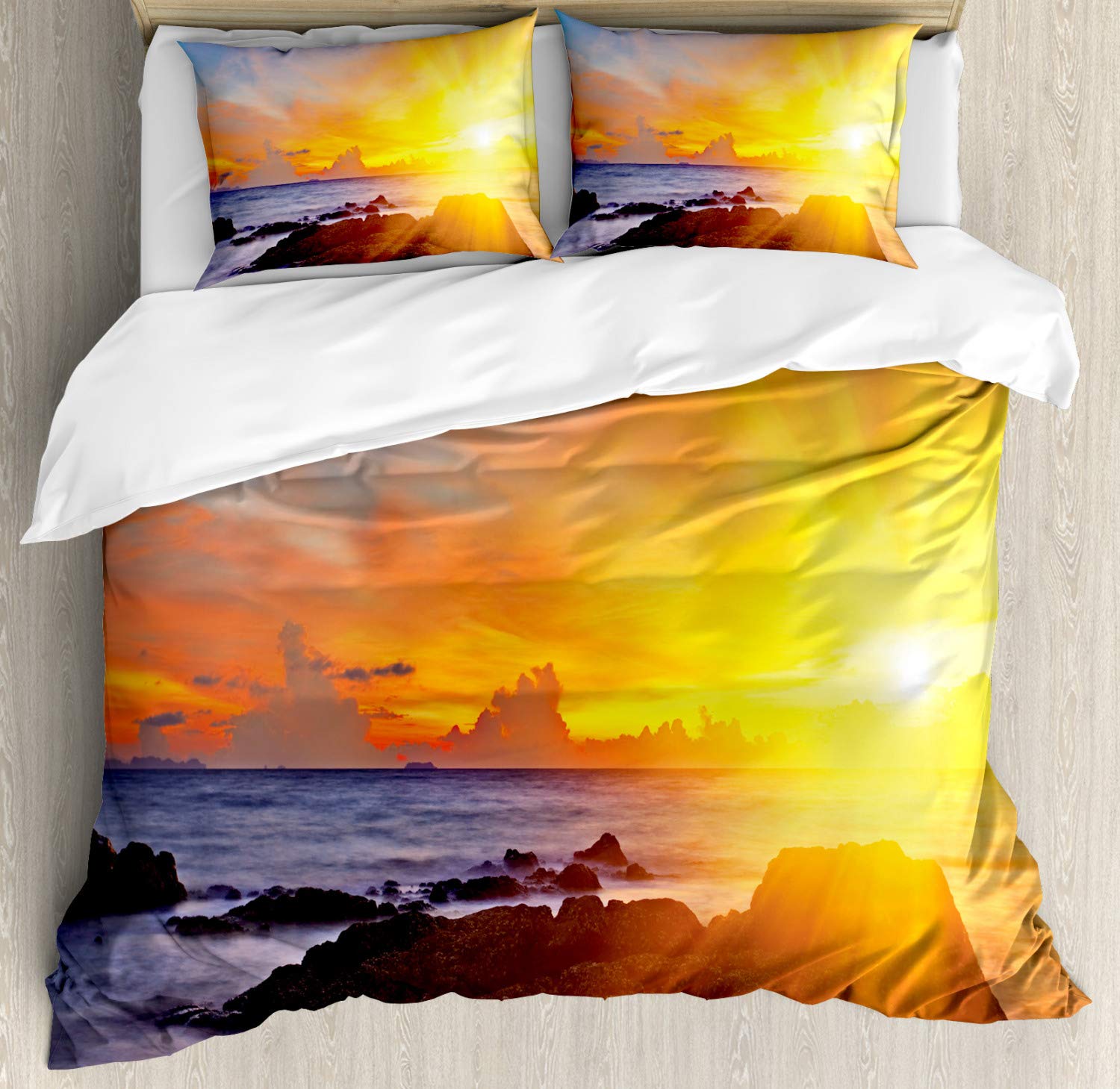 Ambesonne Beach Duvet Cover Set - Vibrant Tropical Sunset Print 3-Piece Bedding (California King, Orange & Blue) with 2 Pillow Shams | Coastal Decor, Summer Bedroom Upgrade, Vacation Home Styling