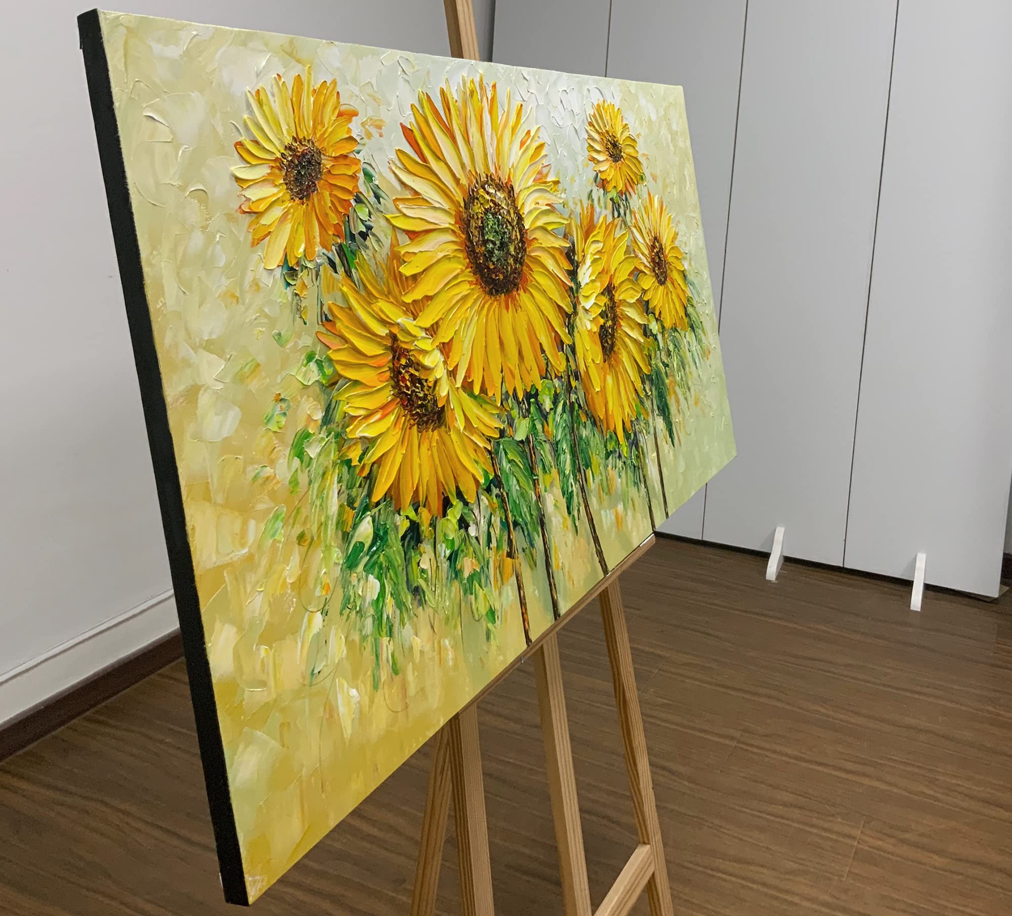 AZAVY ART 24x48 Inch Hand Painted Sunflower Oil Painting - Textured Abstract Floral Canvas Wall Art, Stretched & Framed Ready to Hang - Perfect for Living Room, Bedroom, or Office Decor