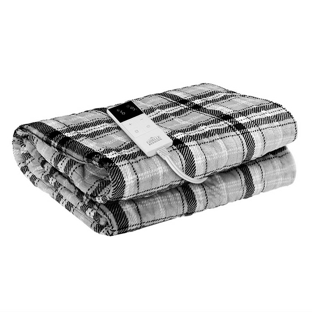 Electric Heated Throw Blanket - Soft Flannel Snuggle Rug, Machine Washable, Grey & White Checkered Plaid - Perfect for Cozy Nights, Living Room Lounging & Winter Warmth