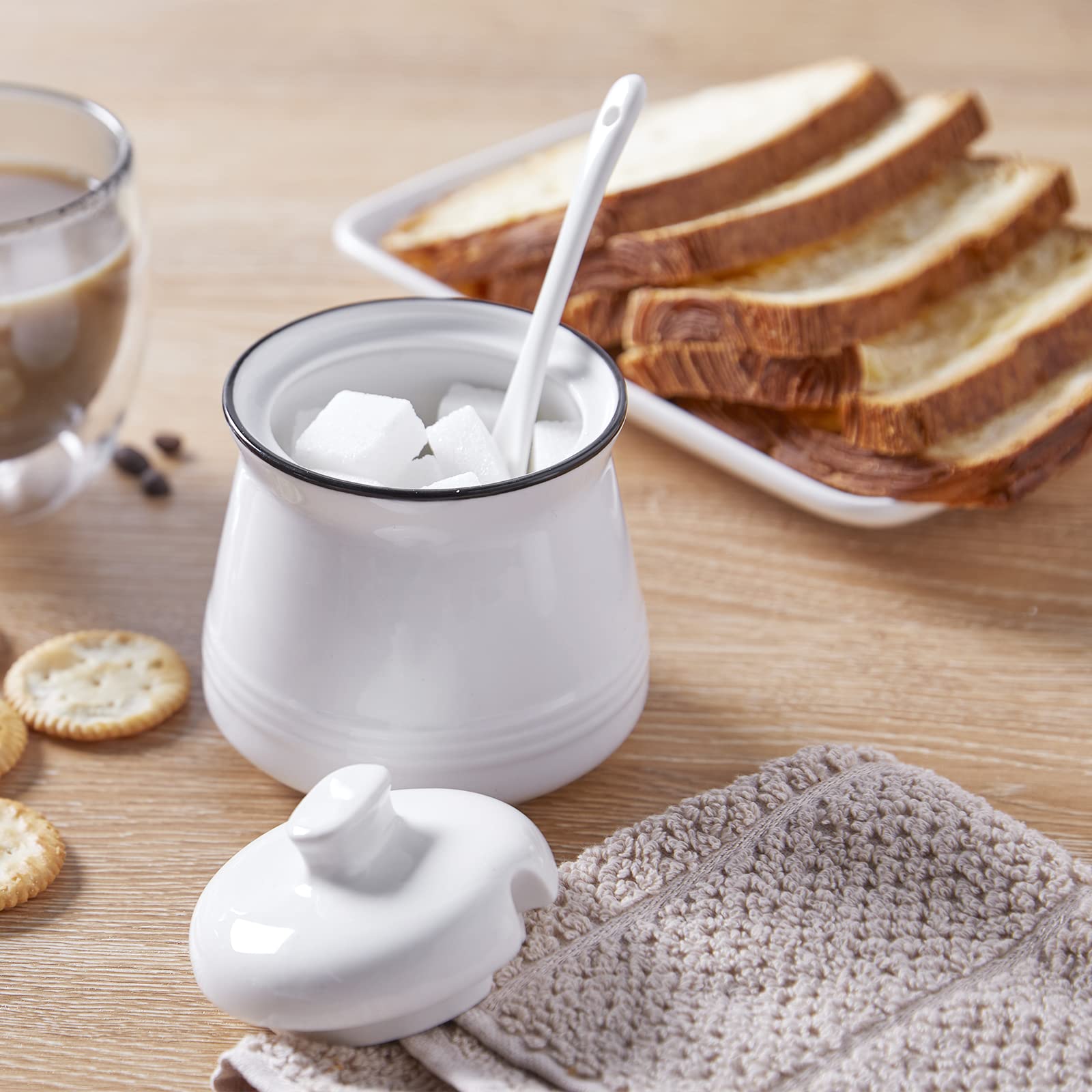 12 oz Ceramic Sugar Bowl with Lid and Spoon - White Modern Sugar Container for Coffee, Tea & Baking - Perfect for Coffee Bars, Kitchen Countertops & Dining Table Decor
