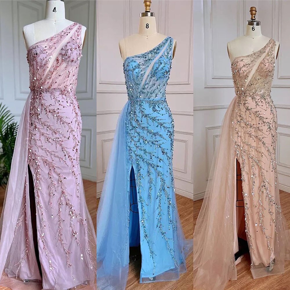Elegant Blue One Shoulder Mermaid Evening Dress with Beaded Details for Women - Arabic Inspired Prom, Wedding & Formal Party Gown - Perfect for Red Carpet Events, Galas & Special Occasions (Style: LA71653B)