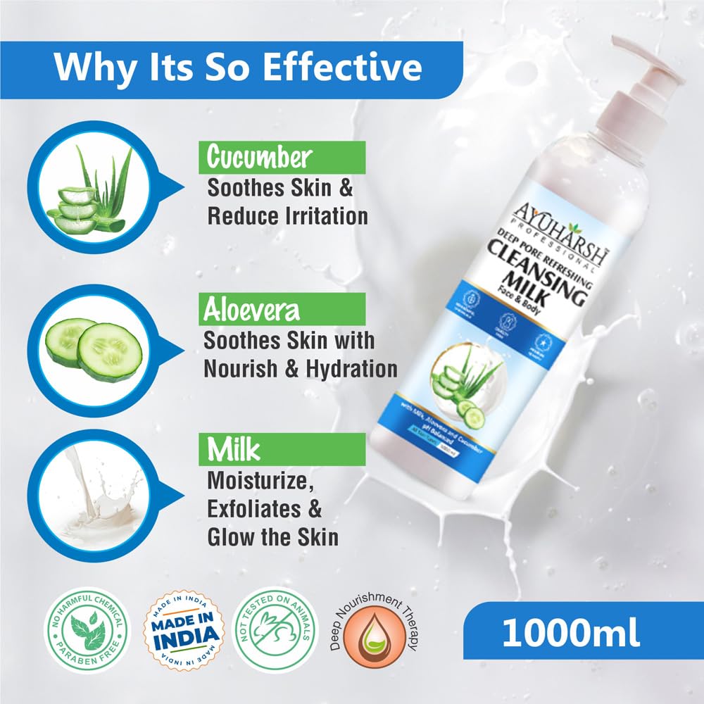Deep Pore Cleansing Milk with Aloe Vera & Milk - 1000ml Gentle Makeup Remover for Soft, Moisturized & Glowing Skin - Men & Women - Perfect for Daily Skincare & Post-Makeup Cleansing Routine