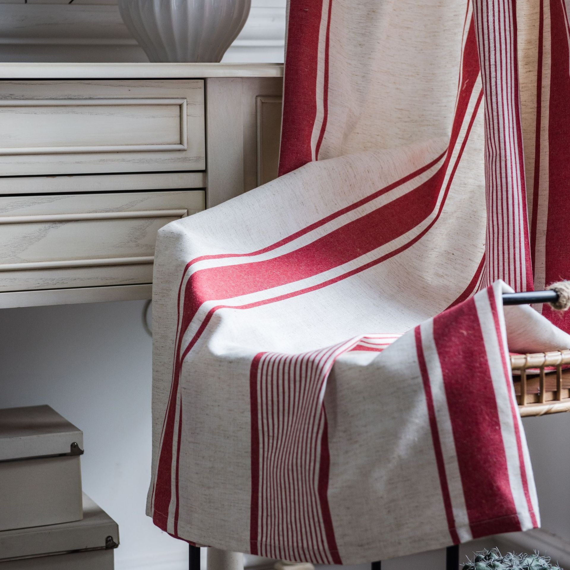 Charley Red Geometric Light Filtering Grommet Curtains - Custom Window Treatments for Living Room & Bedroom