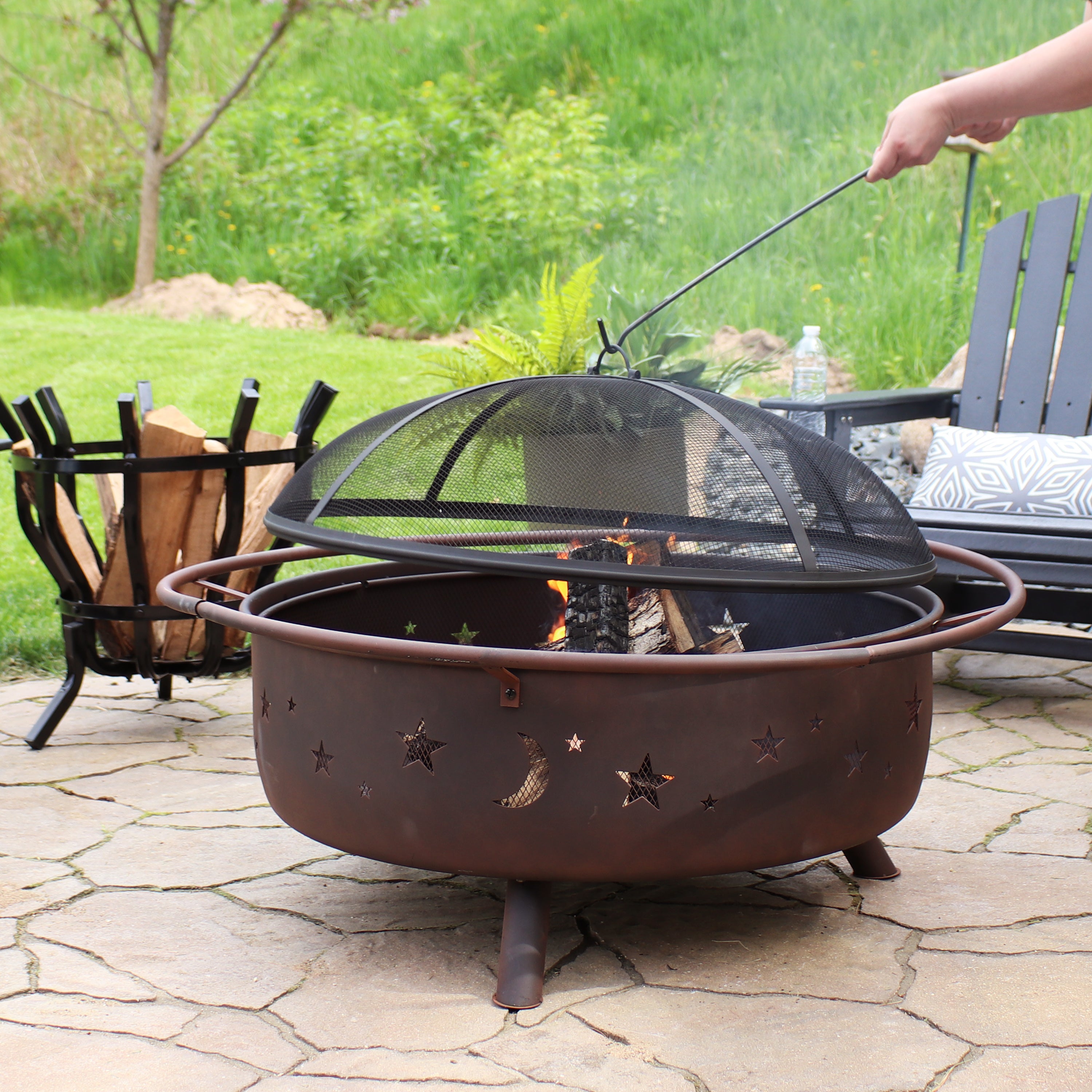 Sunnydaze 42 Inch Large Cosmic Fire Pit with Moon and Stars Design - Outdoor Patio Backyard Fireplace for Camping, Garden & Night Gatherings