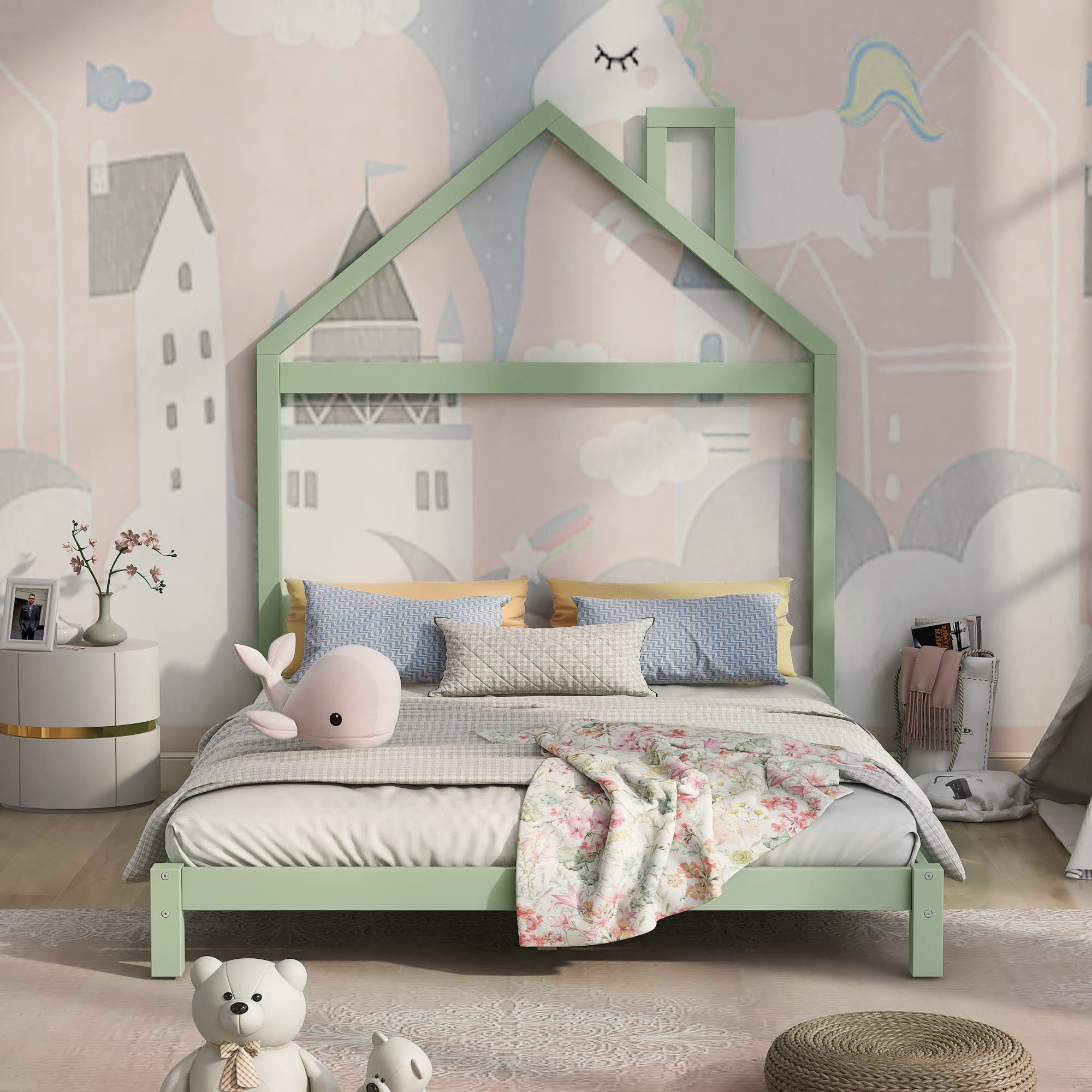 **Full Size Wooden Platform Bed Frame with House-Shaped Headboard - No Box Spring Needed, Sturdy & Modern Design - Perfect for Bedrooms, Guest Rooms & Small Spaces (Green)**