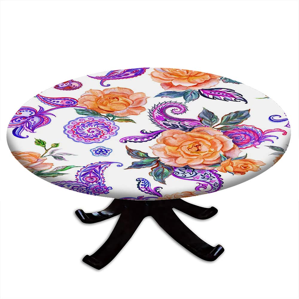 Elegant Paisley Round Tablecloth with Elastic Edge - 3D Printed Design for 32 Inch Dining Tables - Perfect for Buffet Parties, Camping & Outdoor Events - Washable & Wrinkle-Resistant Polyester Fabric