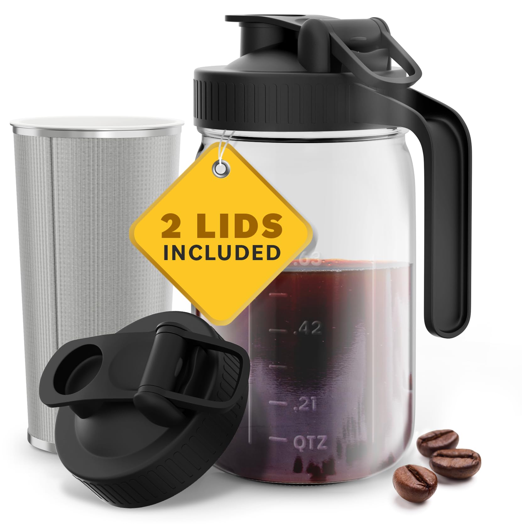 Premium Cold Brew Coffee Maker with Heavy-Duty Glass Body & Stainless Steel Filter - 32 oz Iced Tea & Coffee Pitcher with Flip Cap Lid - Perfect for Home, Office, and Outdoor Use (Black, 1 Quart)