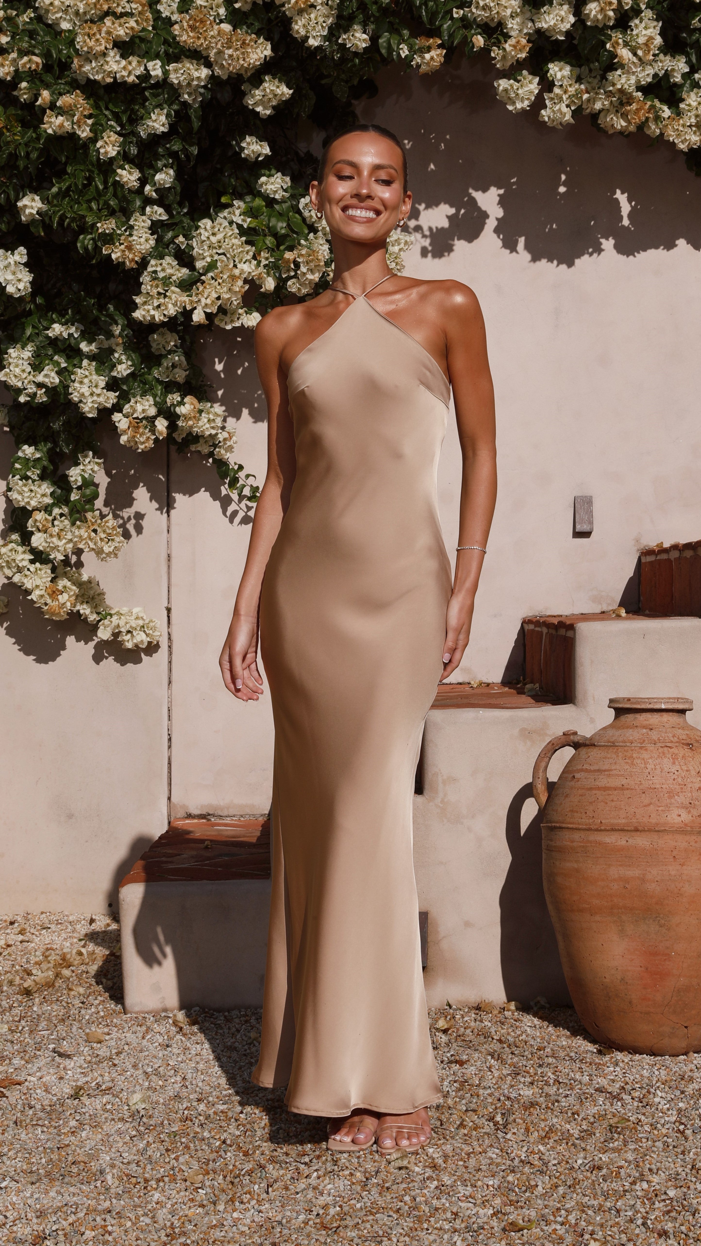 Chiara Maxi Dress in Latte - Elegant Long Flowy Dress for Women, Perfect for Weddings, Parties & Summer Vacations