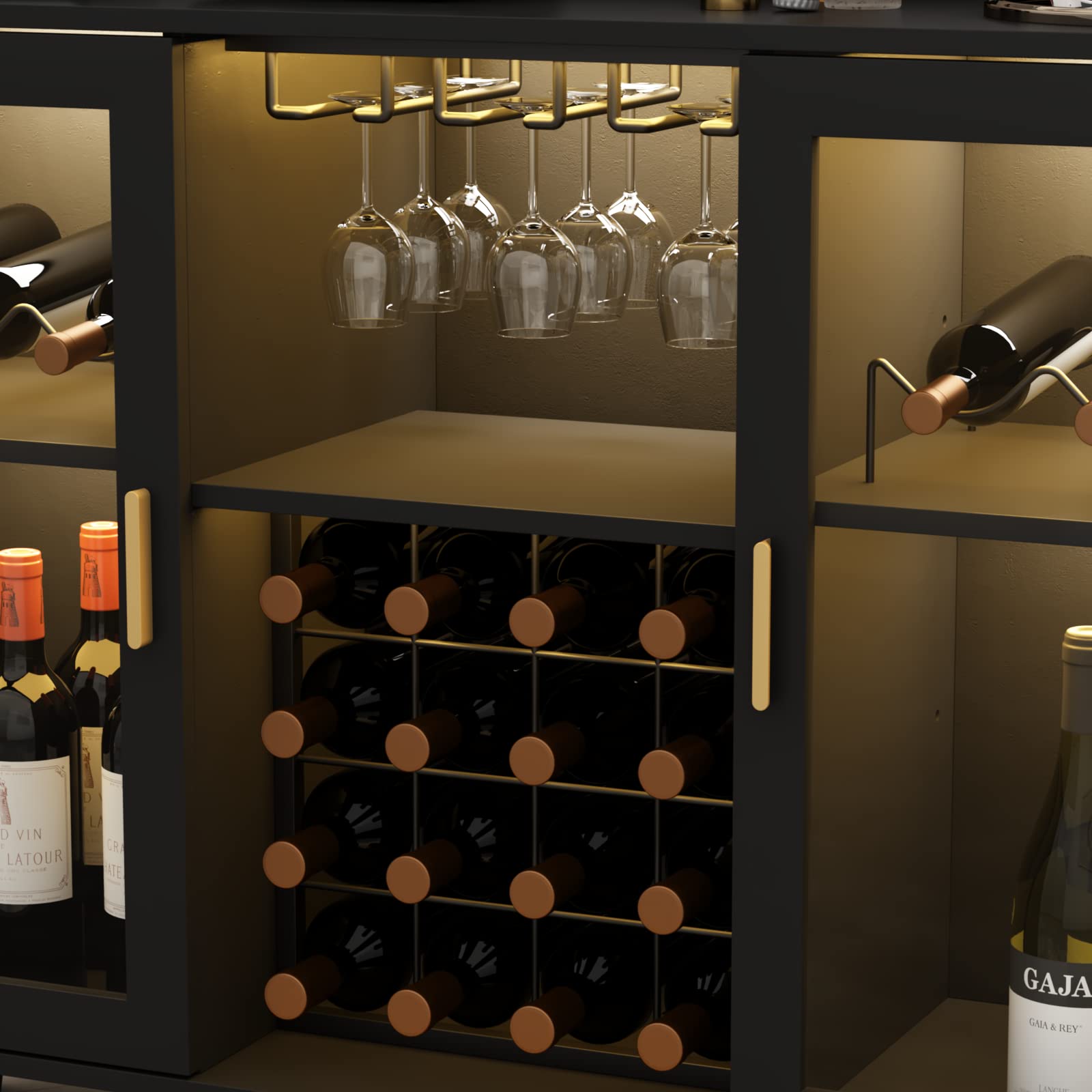 Modern Wine Bar Cabinet with LED Lights - Freestanding Kitchen Sideboard Buffet with Wine Rack, Glass Holder & Storage Shelf - Black Glass Door Liquor Cabinet for Dining Room, Living Room & Home Bar Decor