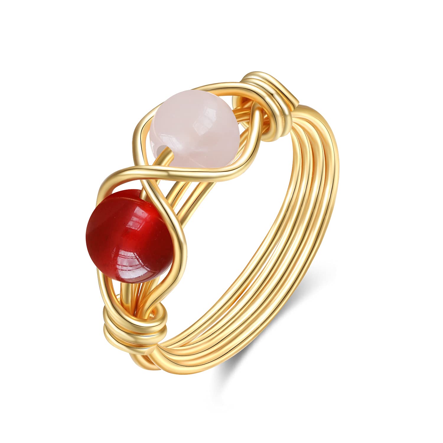 Handmade Dainty Wire Wrapped Real Carnelian Rose Quartz Crystal Ring - Healing Gold Jewelry for Women, Stackable Statement Band - Perfect for Meditation, Yoga & Spiritual Healing Gifts