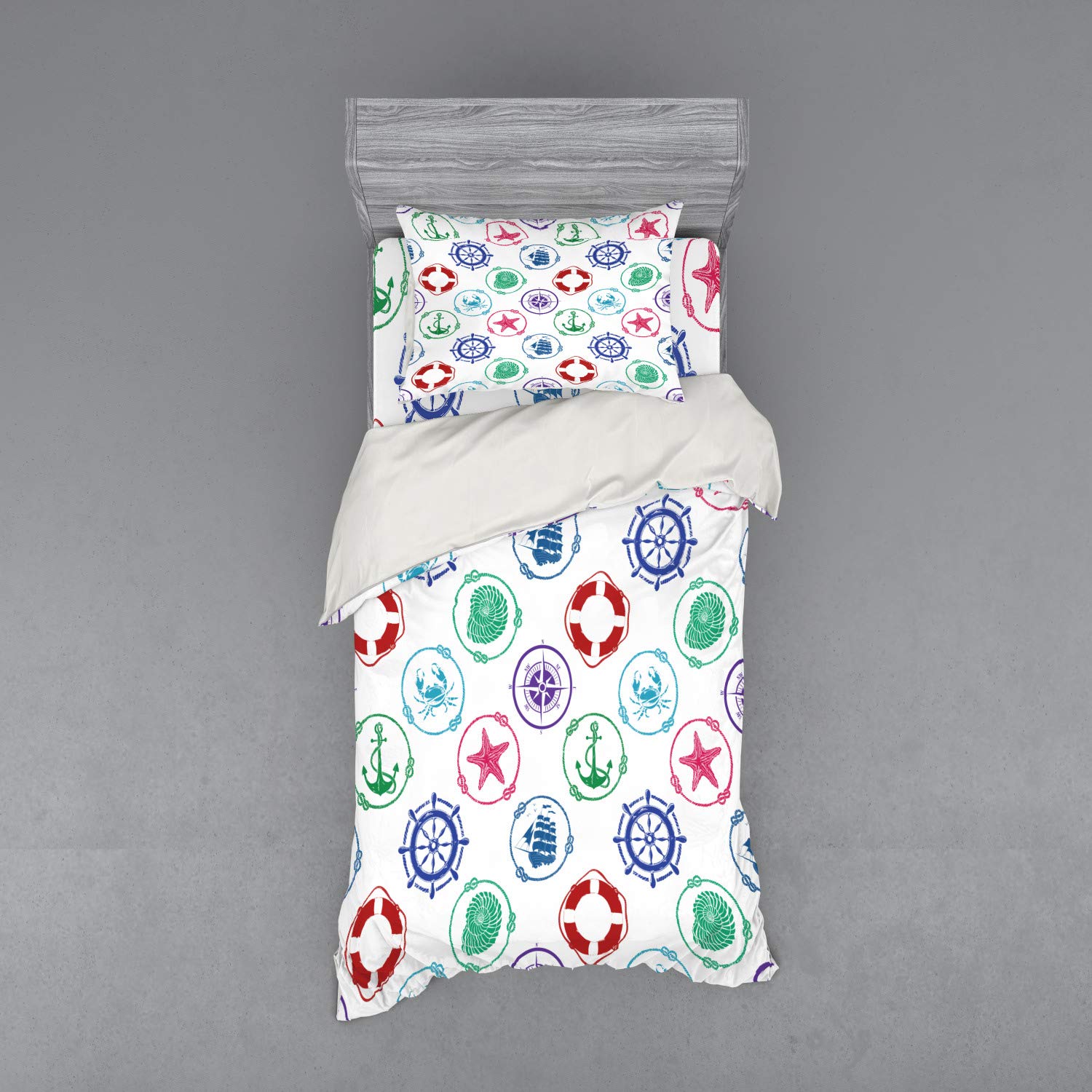 Ambesonne Nautical Themed 3-Piece Twin Size Bedding Set - Ships Wheel, Anchor, Compass, Starfish & Seashell Marine Print Duvet Cover with Sham & Fitted Sheet in Green & Red | Perfect for Coastal, Beach House or Sailor Themed Bedrooms