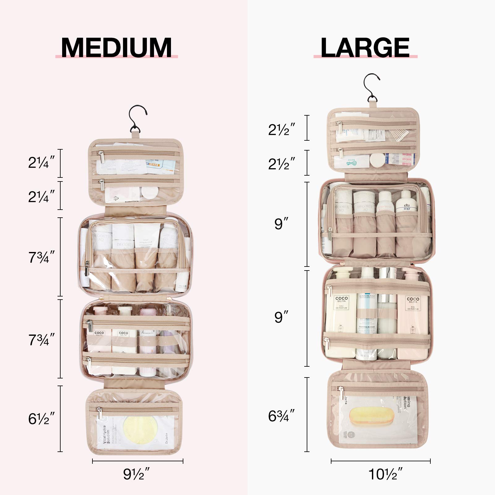 BAGSMART Hanging Travel Toiletry Bag with TSA Approved Clear Cosmetic Pouch - Large Pink Makeup Organizer for Full-Sized Toiletries | Perfect for Air Travel, Gym & Weekend Getaways