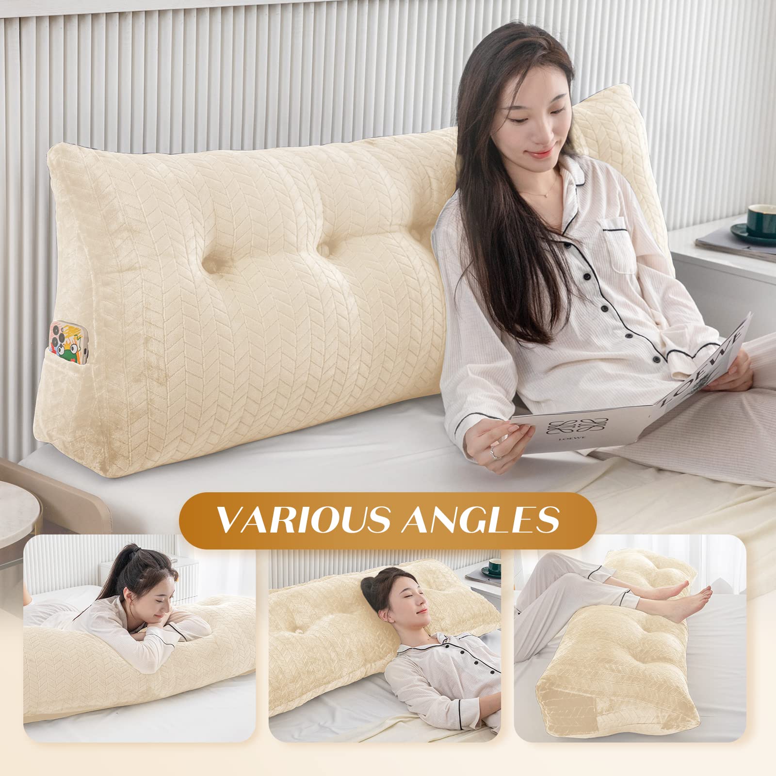 Triangular Wedge Headboard Pillow - Large Bolster Bed Rest Pillow for Reading & Back Support - Removable Cover - Perfect for Bed, Sofa, Floor & Reading Nook