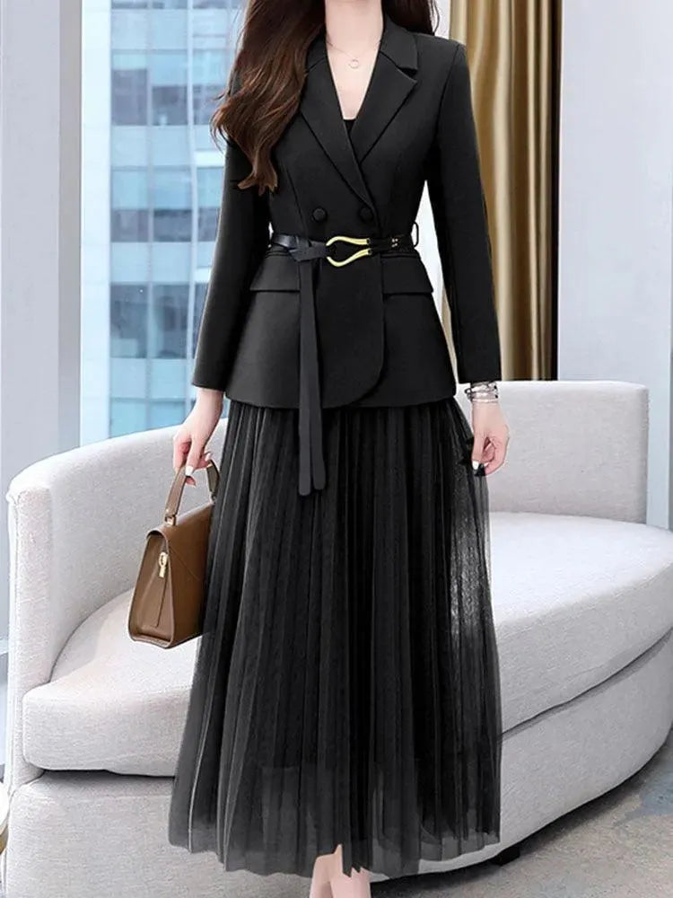 Women's Belted Skirt Suit Set - Elegant Office Wear & Business Formal Outfit for Work, Interviews & Professional Events