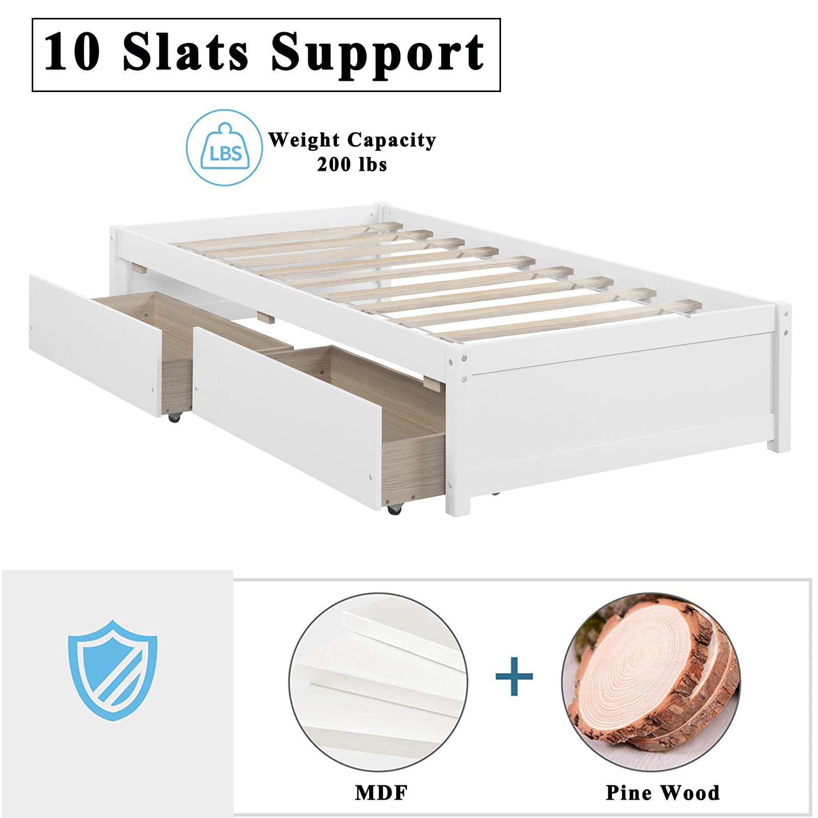 Twin Platform Bed Frame with 2 Storage Drawers - Solid Wood Kids Bed for Toddler Boys & Girls - 10 Slat Support No Box Spring Needed - Easy Assembly (Bright White) - Perfect for Small Bedrooms & Space Saving Kids' Rooms