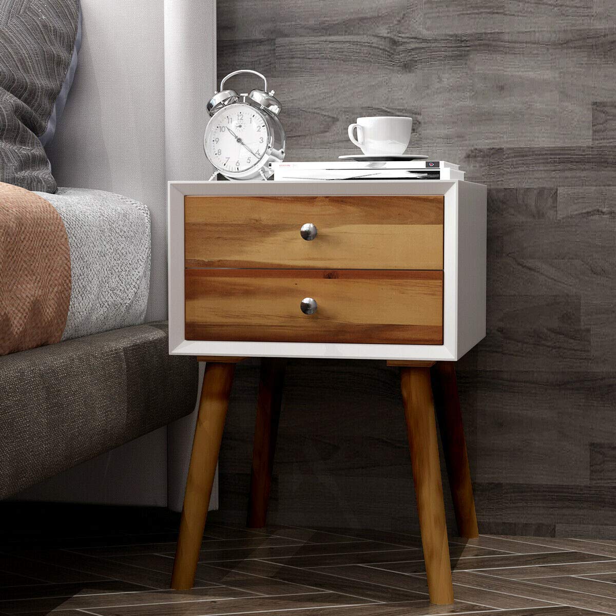Vintage Wooden Nightstand with 2 Storage Drawers - Retro Bedside Table, End Table, Cabinet - Sturdy, Durable & Scratch-Resistant - Easy to Clean Brown Finish - Set of 2 - Perfect for Bedroom, Living Room & Office Use