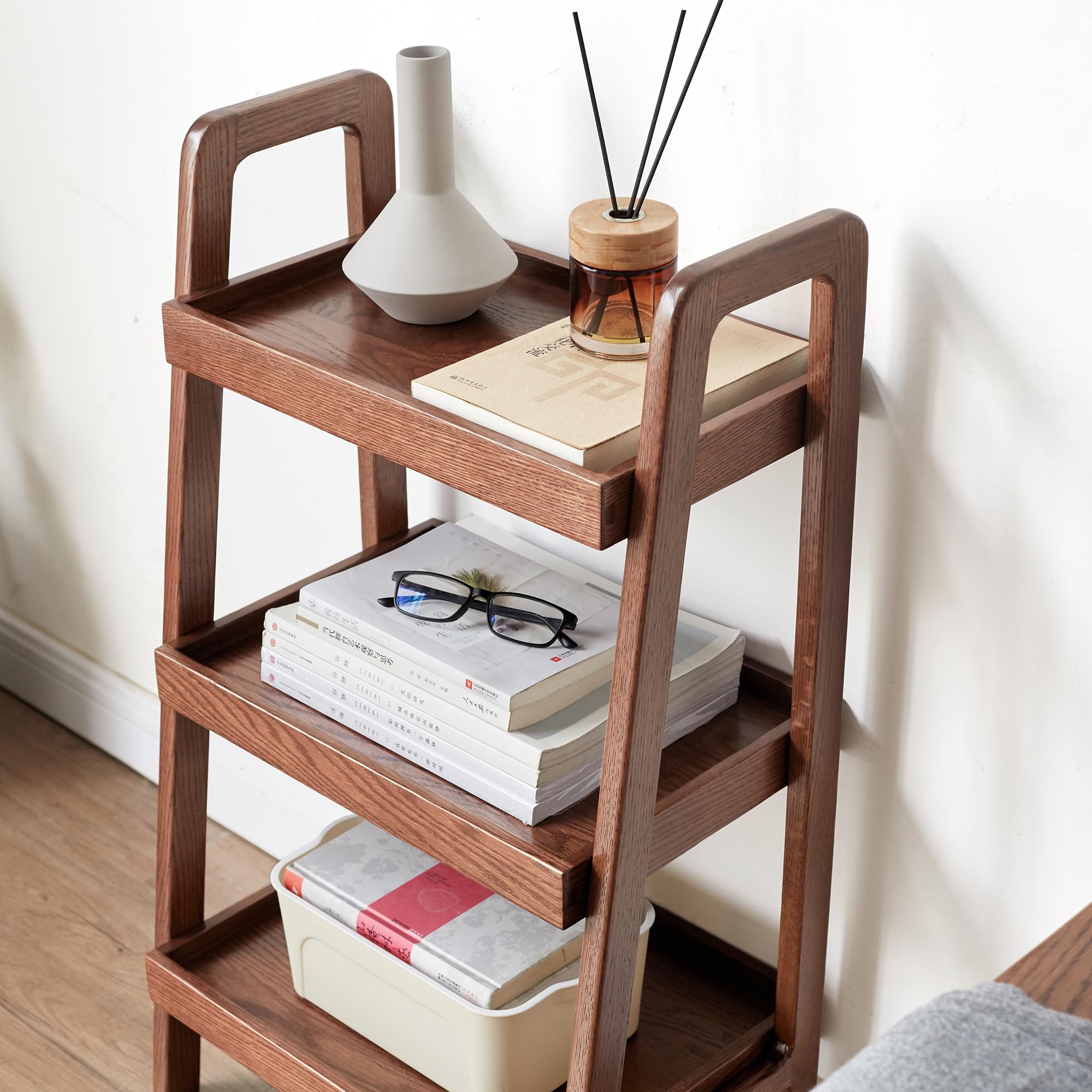 3-Tier Ladder Shelf - Solid Oak Wood Bookshelf with Storage | Compact Side Table for Living Room, Bedroom, Kitchen & Bathroom | Space-Saving Organizer for Books, Plants & Decor (Walnut Finish)