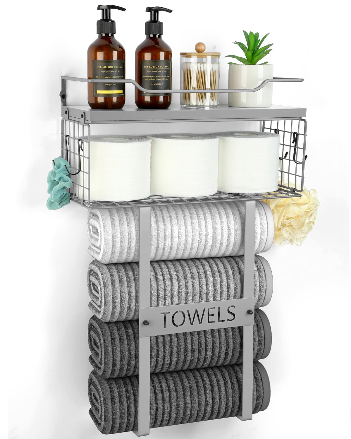 Wall Mounted Bathroom Towel Rack Set - Wooden Vertical Towel Holder & Shelf Organizer for Small Bathrooms, Grey Bath Wall Decor (Perfect for Above Toilet Storage & Rolled Towel Organization)
