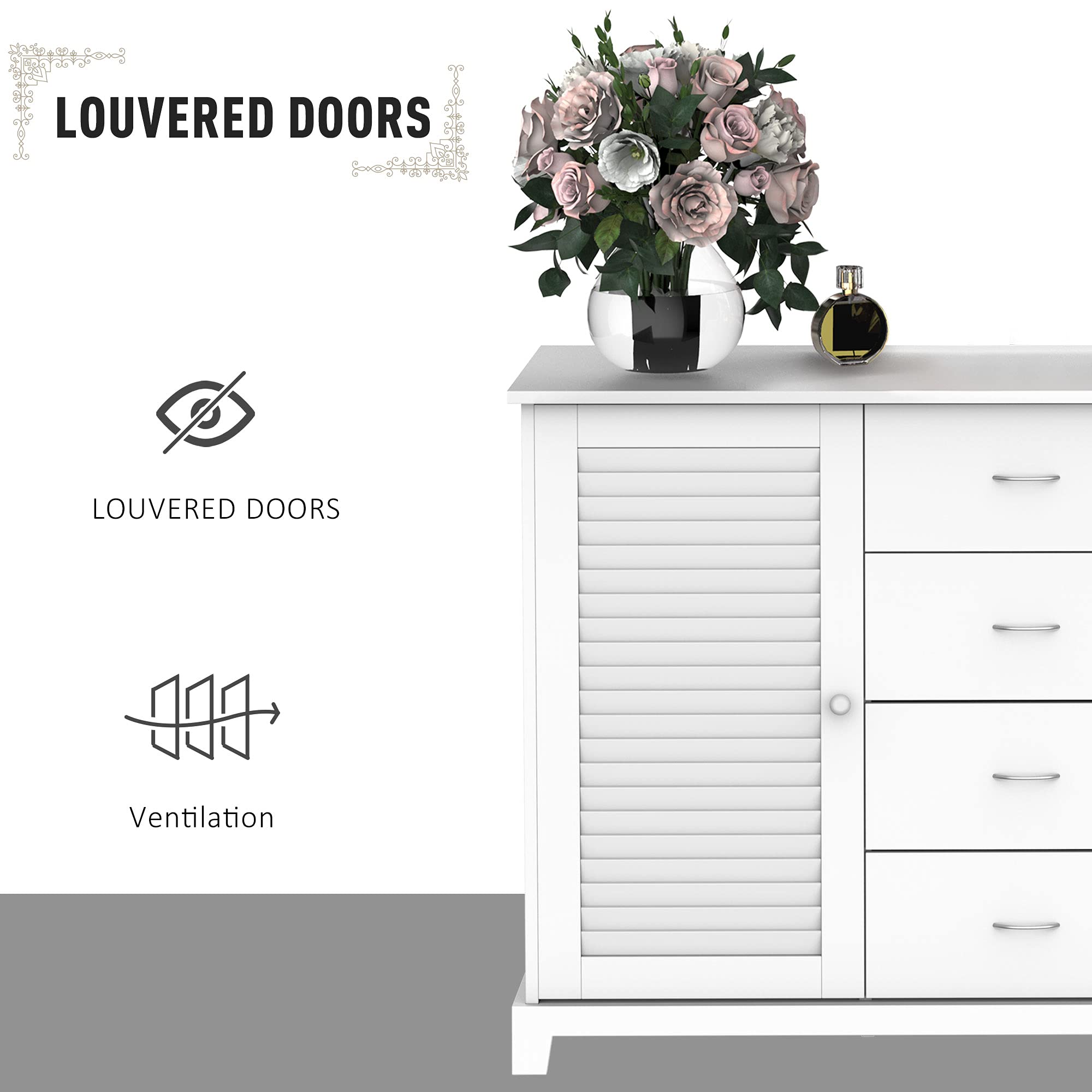 HOMCOM White Sideboard Buffet Cabinet with 4 Drawers & 2 Louvered Doors - Kitchen Storage, Coffee Bar Cabinet for Living Room & Dining Room - Perfect for Small Space Organization & Home Decor