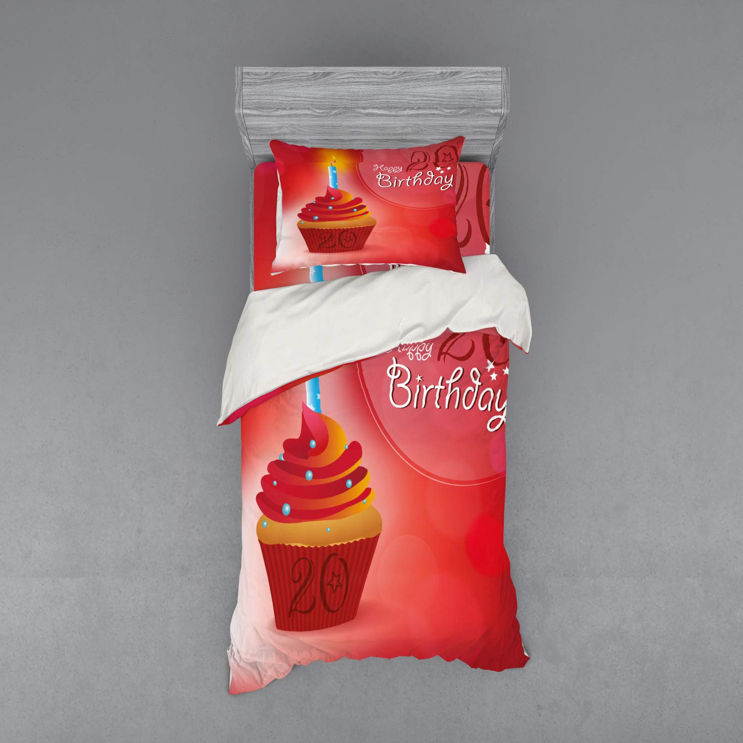 Ambesonne 20th Birthday Duvet Cover Set - 3 Piece Twin XL Bedding with Cupcake & Beams Print in Vermilion Pink & Red | Perfect for Birthday Party Decorations & Teen Bedroom Makeovers