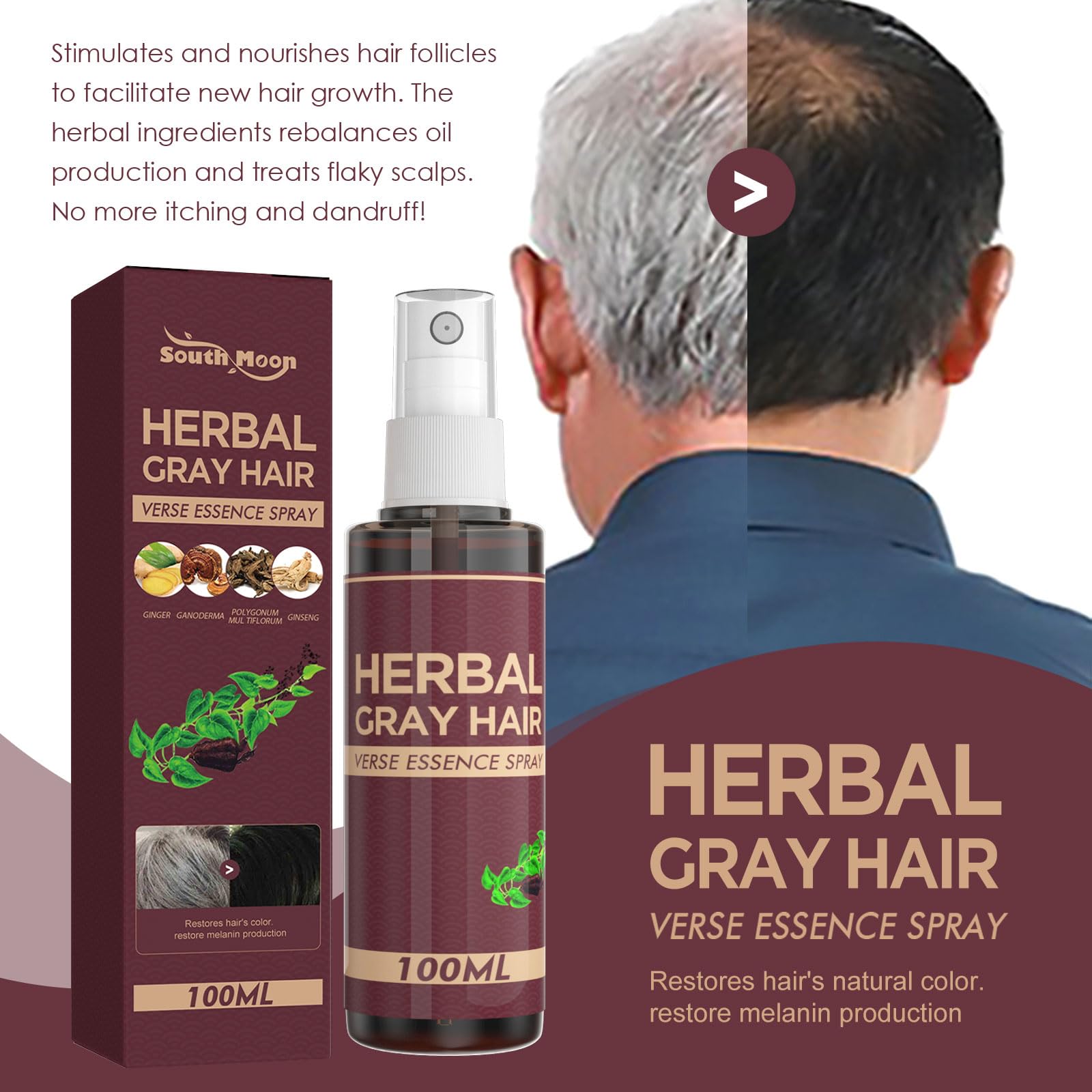 Natural Herbal Gray Hair Reversal Conditioner & Coloring Essence Spray - Darken Hair, Reverse Grey Hair for Men & Women - Perfect for Daily Use & Salon Styling