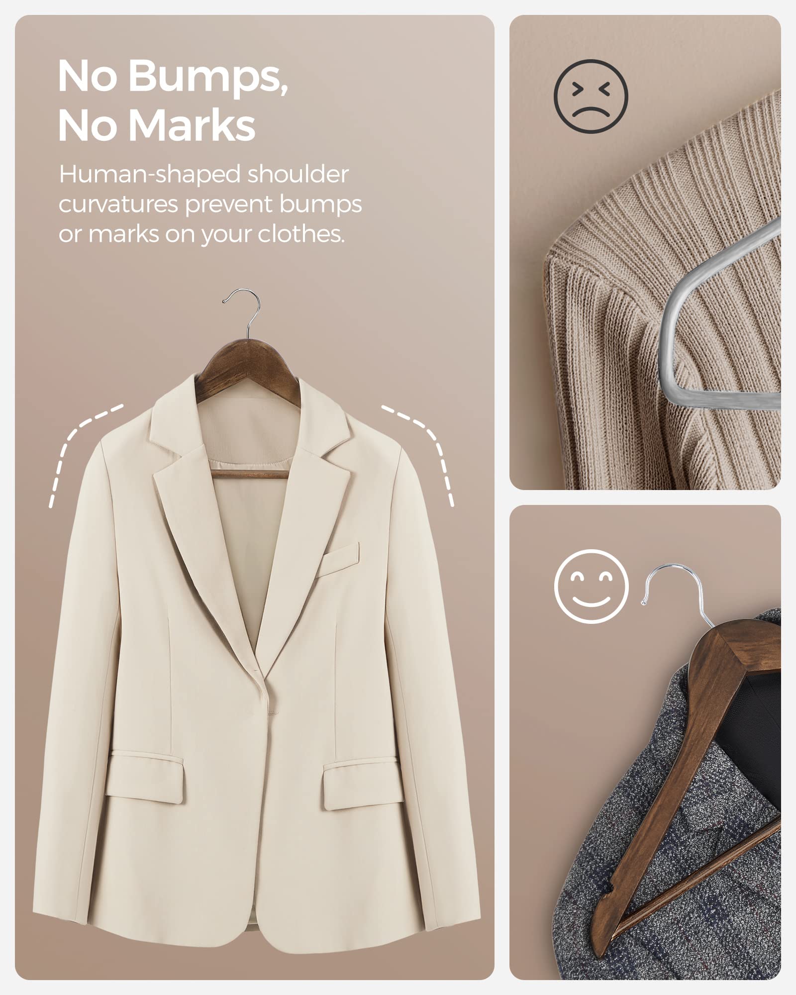SONGMICS 20-Pack Wooden Hangers with Shoulder Notches & Swivel Hook - Non-Slip Dark Walnut & Silver Coat Hangers for Jackets, Shirts, Suits - Perfect for Closet Organization & Wardrobe Storage
