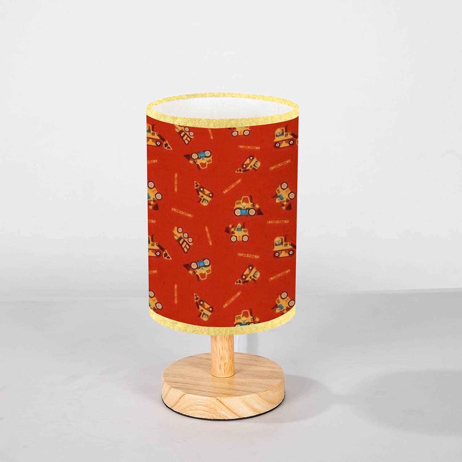 Minimalist Solid Wood Nightstand Lamp with Kids Construction Vehicles Illustration - Flaxen Fabric Shade Bedside Table Light for Bedroom, Living Room & Nursery | Perfect for Reading, Decor and Kids' Room Lighting