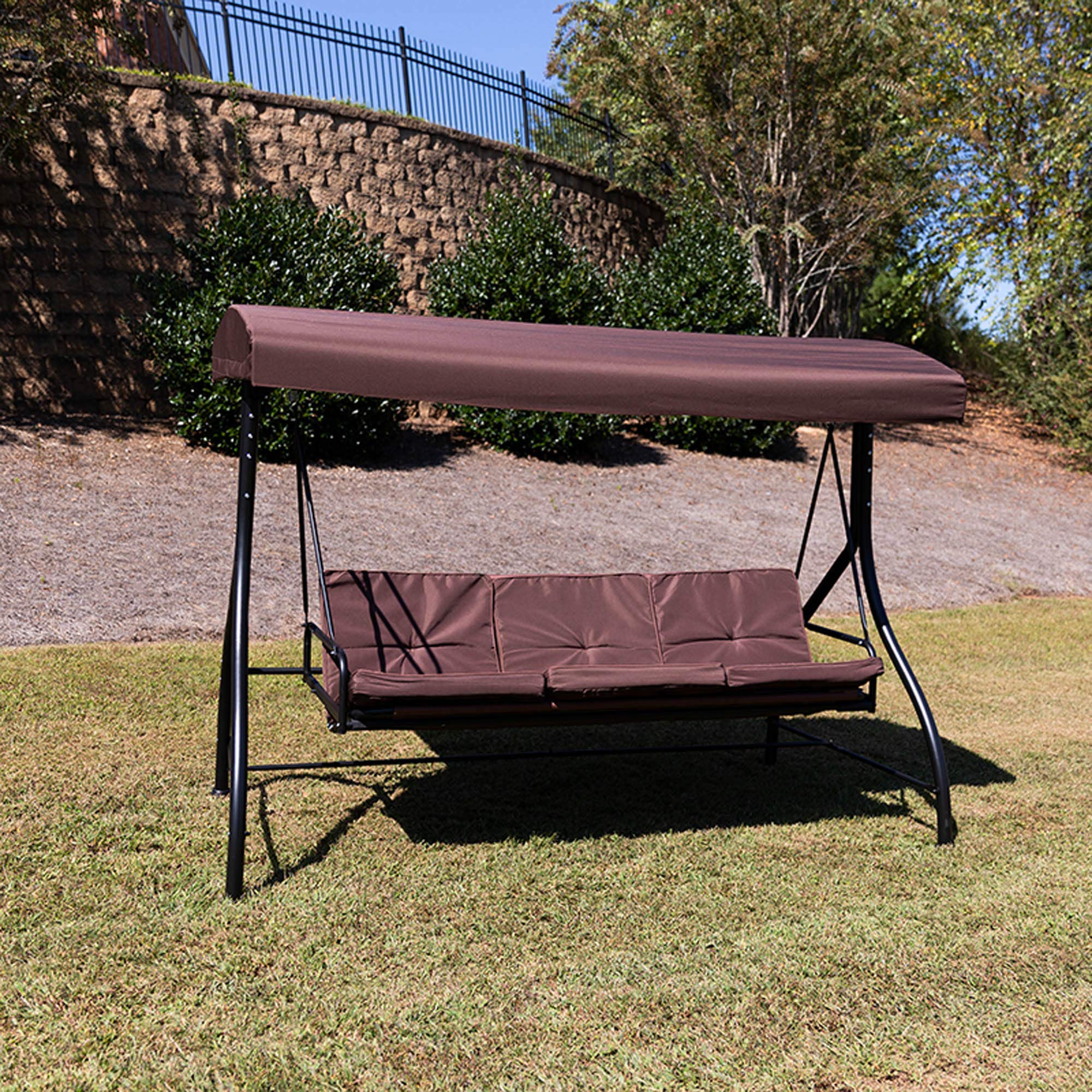 Flash Furniture Tellis 3-Seat Outdoor Steel Patio Swing with Canopy & Cushions - Convertible Hammock Swing Bed in Brown - Perfect for Backyard, Garden, and Poolside Relaxation