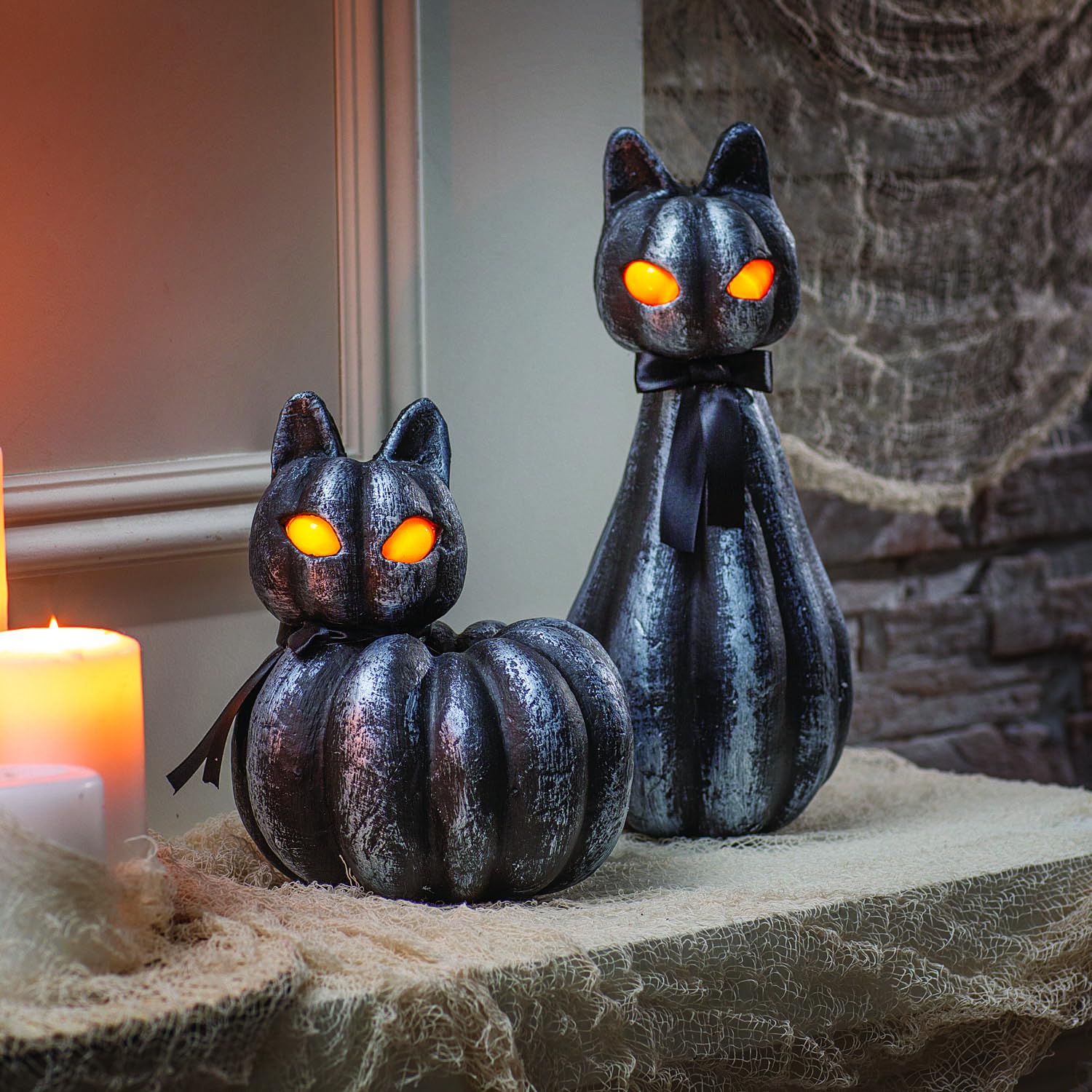 Pumpkin Black Cat LED Halloween Decorations - 2-Piece Set for Mantle, Fireplace & Tabletop - Spooky Home Decor for Halloween Parties & Fall Festivals