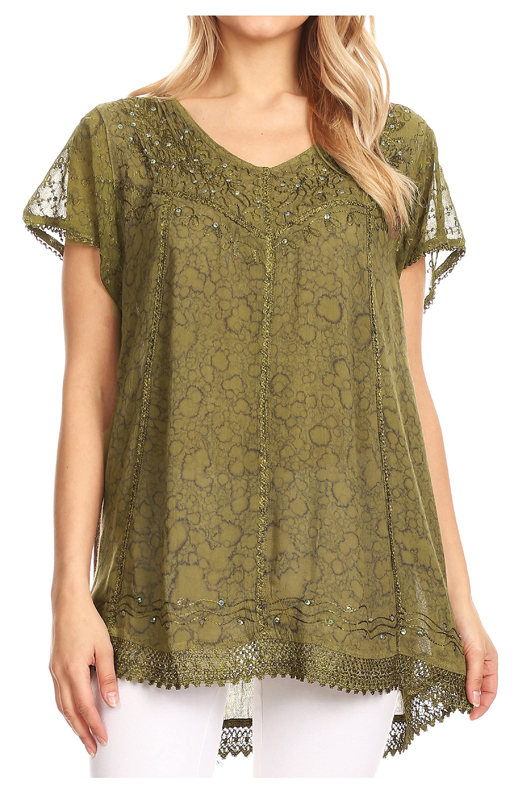 Sakkas Women's Charolette Embroidered Blouse with Sequins Accents - Elegant Floral Design for Casual Wear, Office Outfits & Special Occasions