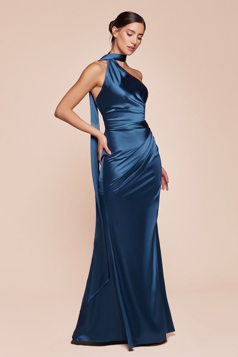 Bryce Gown | French Navy One Shoulder Luxe Satin Fitted Evening Dress for Prom, Gala & Formal Events